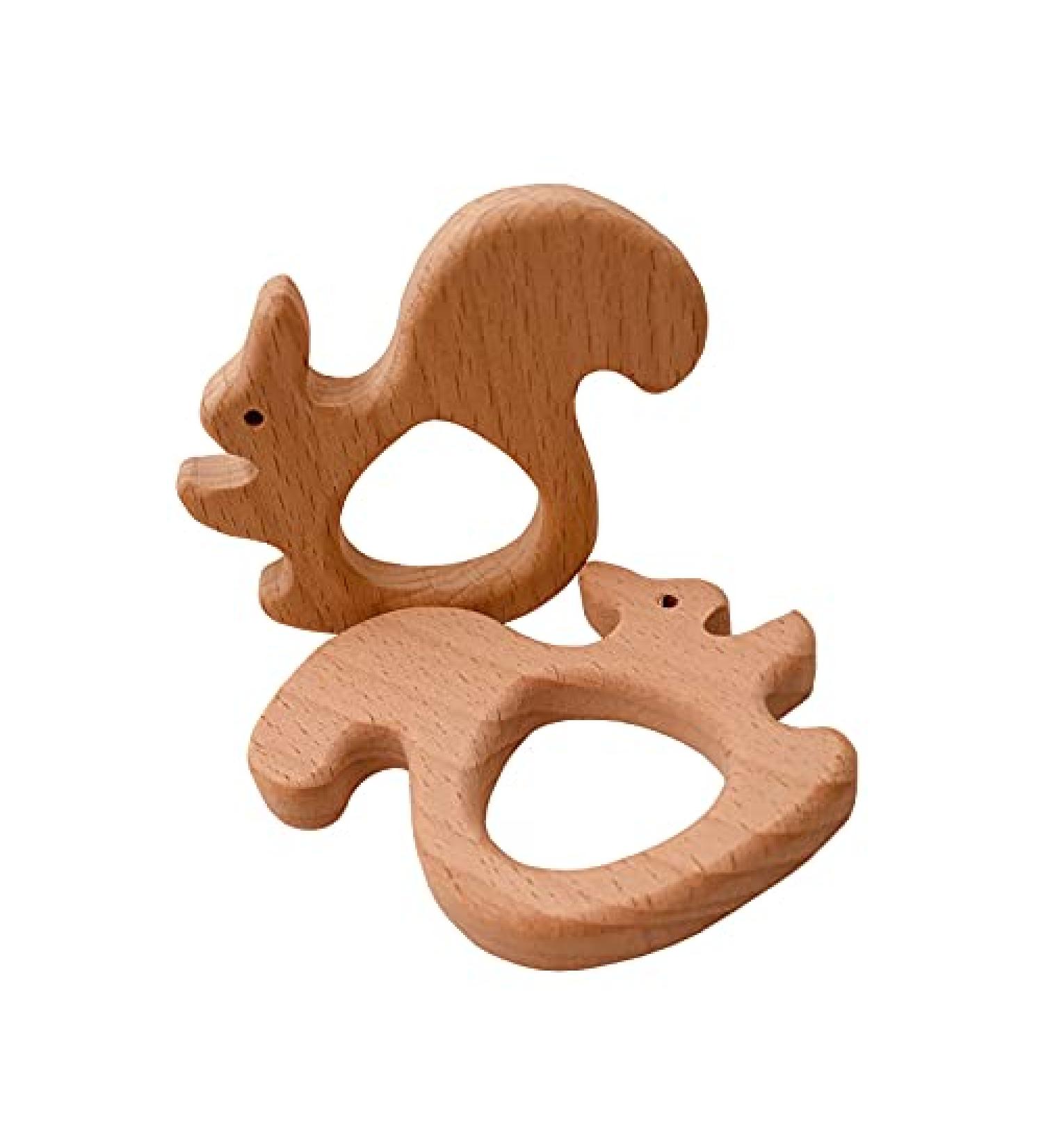 Wendysun 2pcs Cartoon Squirrel Wood Teether Set - Natural Beech Teething Toy for Babies - Buy Online on GoSupps.com