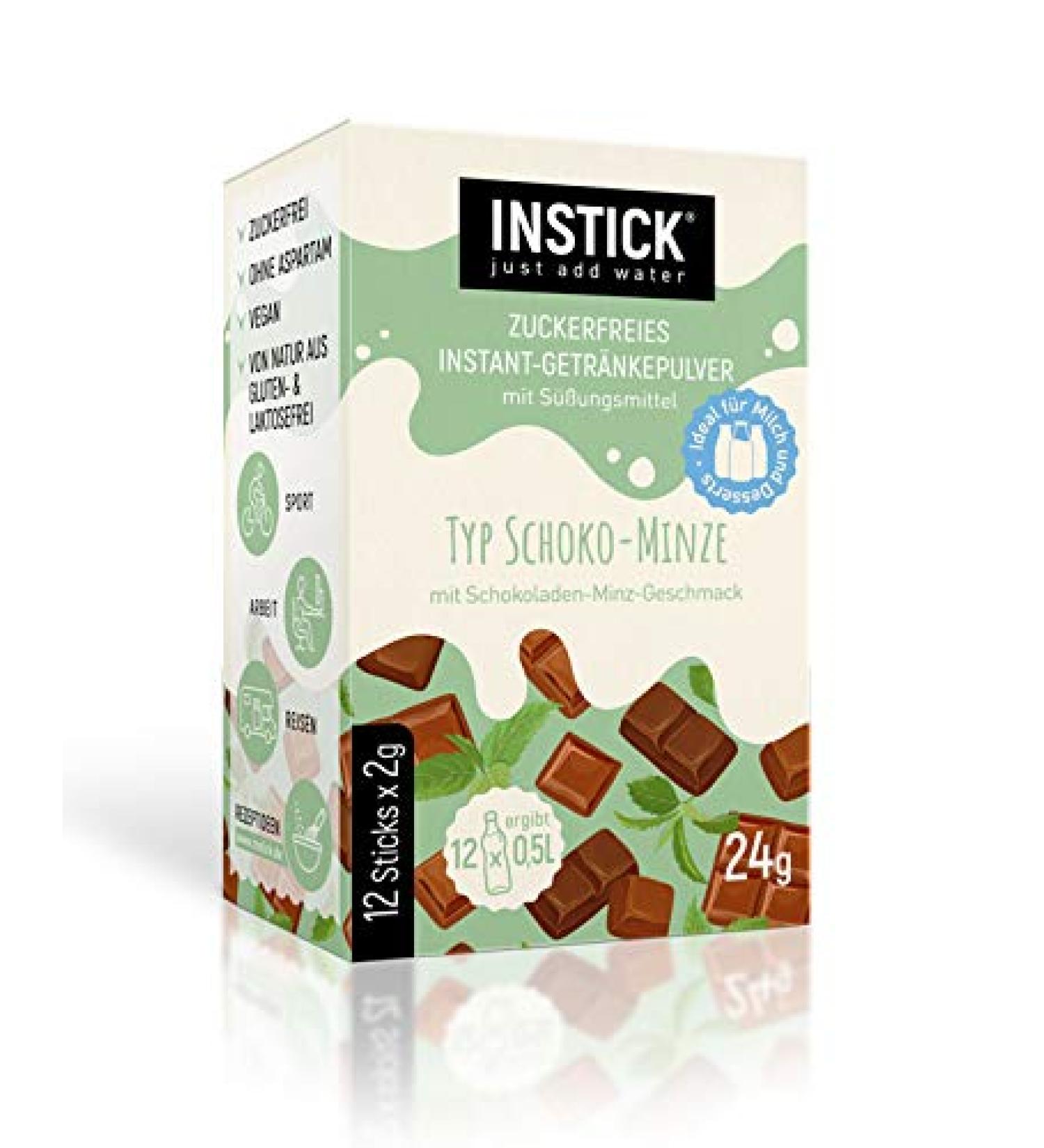 Intick Sugar-Free Instant Chocolate Mint Drink | Vegan Low-Calorie Beverage Powder | 12-Pack (12 x 0.5L) with Vitamin C - Ideal for Milk or Water - Buy Online on GoSupps.com