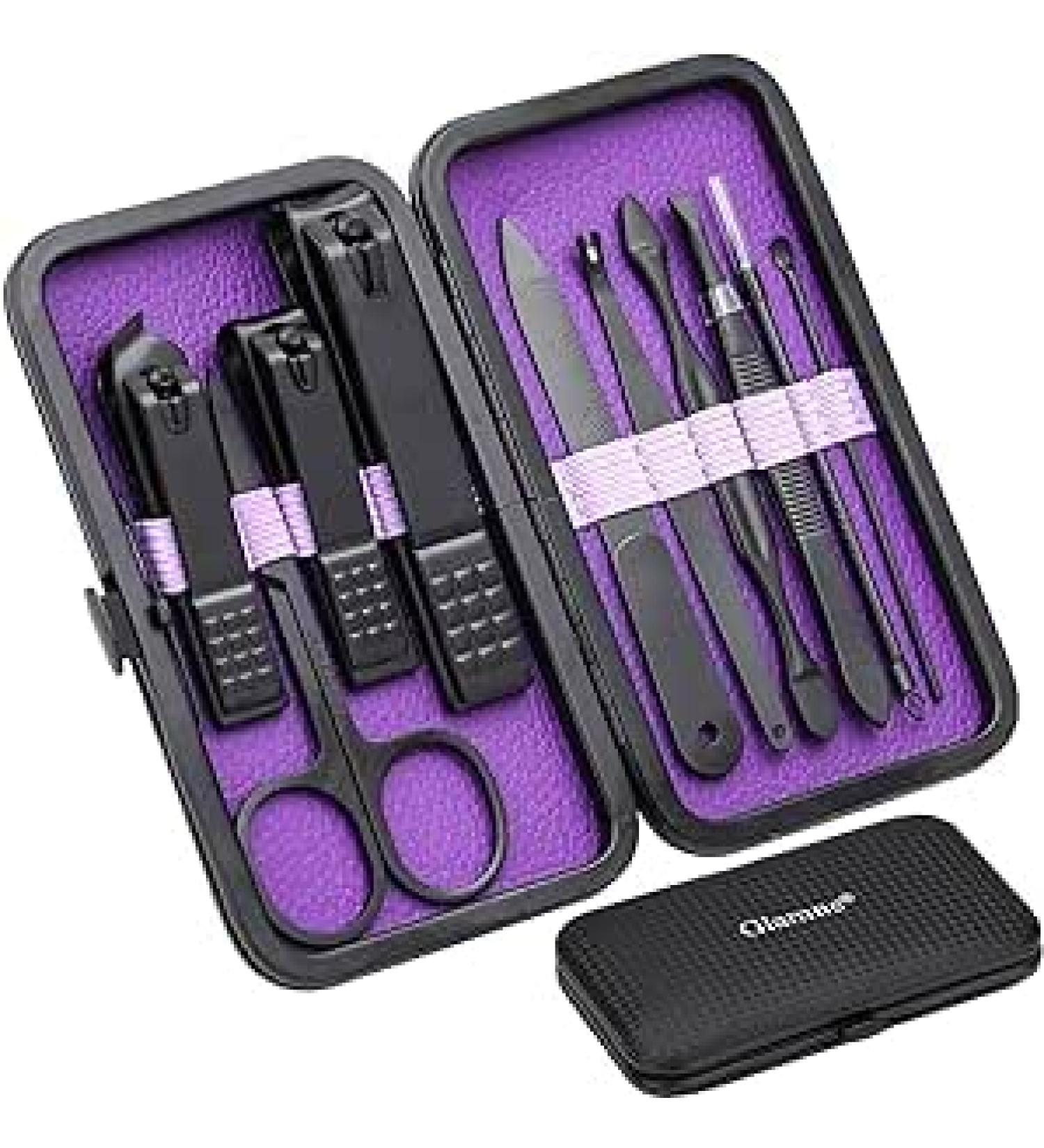 Glamne Manicure Set - 10 in 1 Professional Stainless Steel Nail Clippers Kit with Leather Travel Case | Perfect for Travel - Purple - Buy Online on GoSupps.com