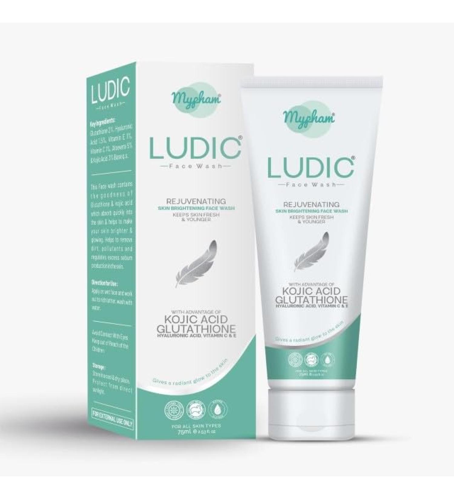 Mypham Ludic Face Wash Rejuvenating Skin Brightening Face Wash with Kojic Acid Hyaluronic Acid Vitamin C & E 75 ml For All Skin Type