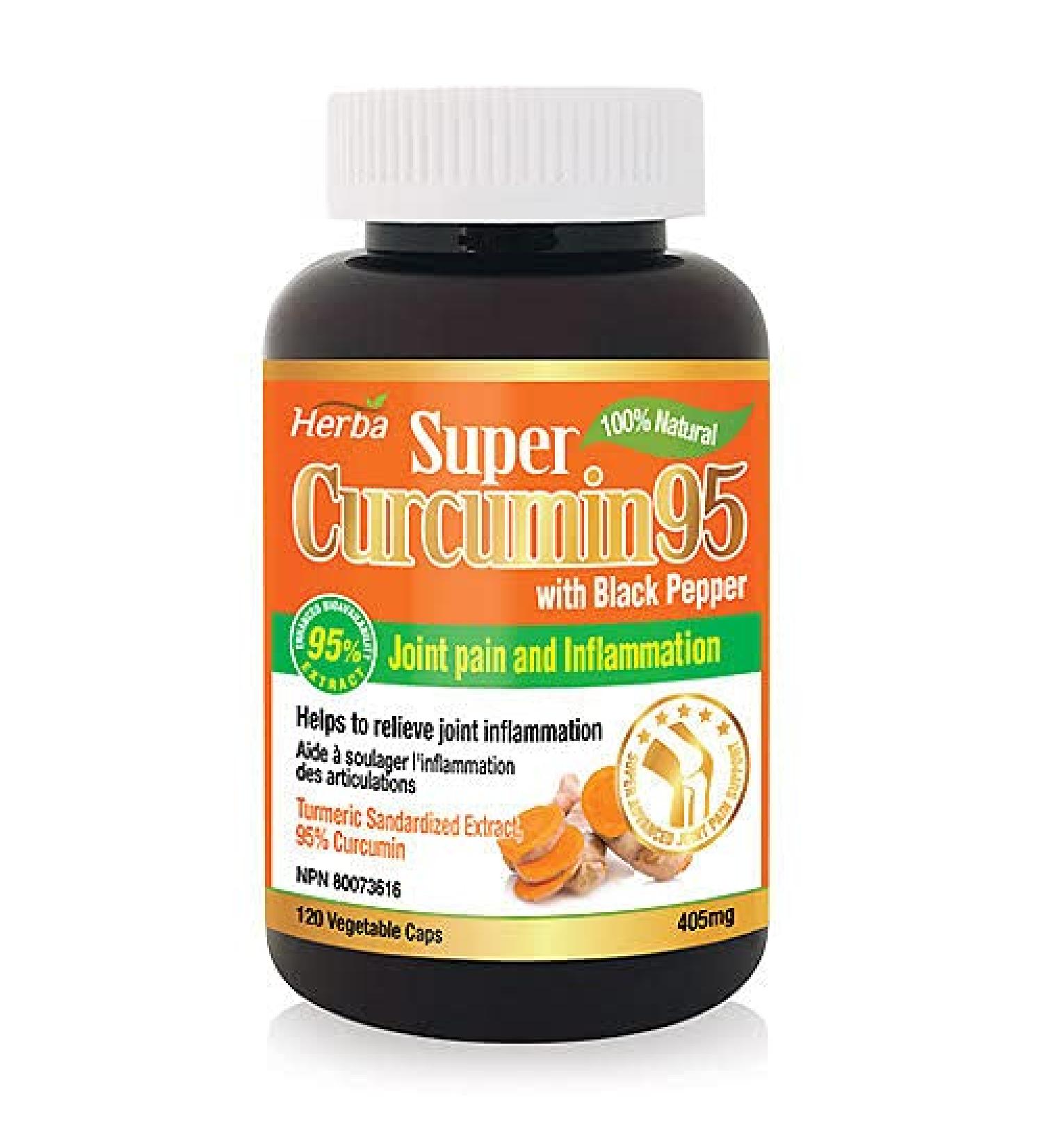 Pure Turmeric Curcumin with Black Pepper - 120 Turmeric Capsules | 95% Curcuminoids No Filler | 1 200mg of Pure 95% Curcumin Turmeric Supplements for Inflammation with Black Pepper | Made in Canada | Herba Curcumin95 - Buy Online on GoSupps.com