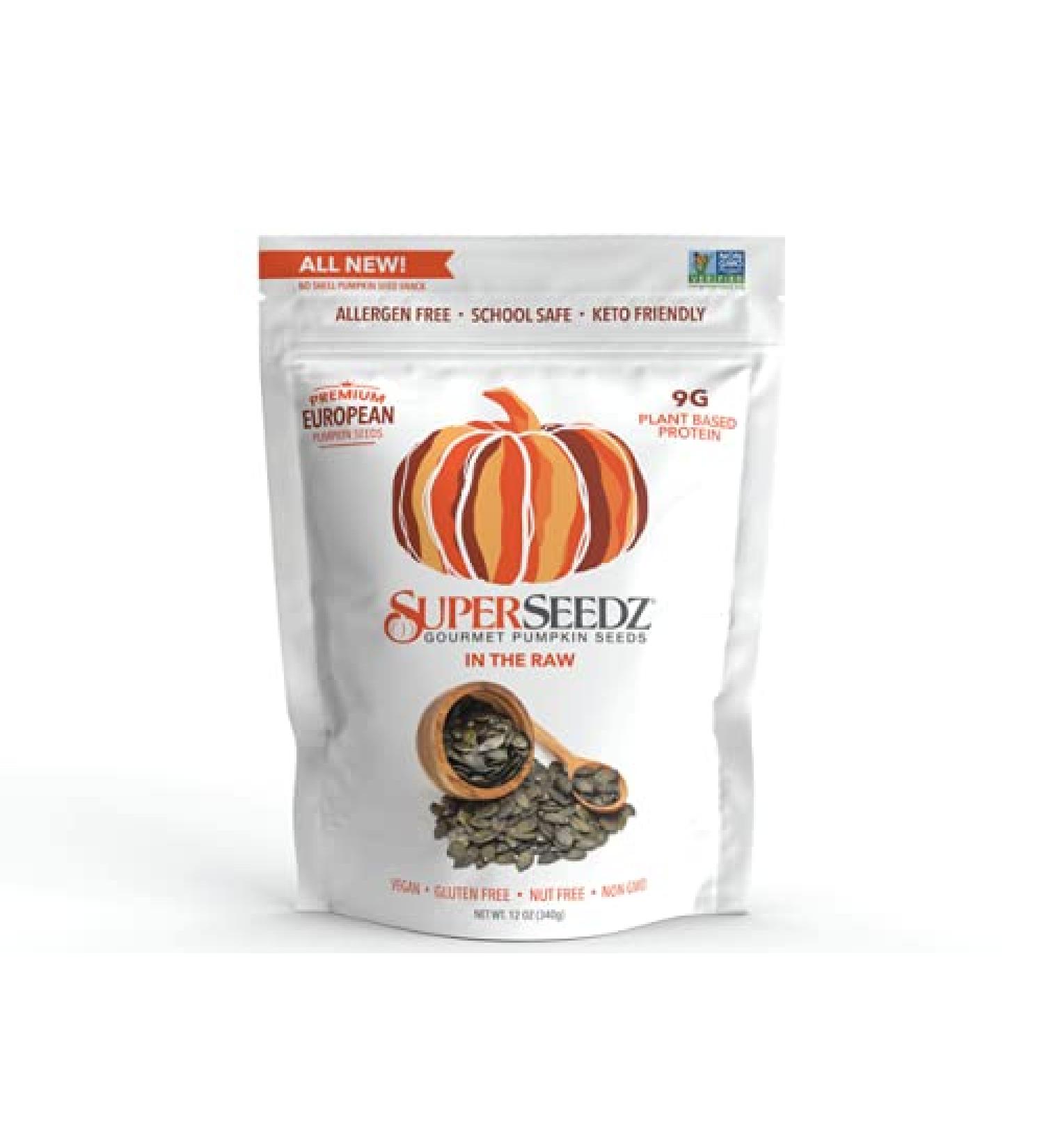 Superseedz Raw Pumpkin Seeds (Pepitas) No Shell 12 oz - Whole 30, Paleo, Vegan & Keto Friendly - 9g Plant Based Protein - Made In USA - Nut Free - Gluten Free Snack - Buy Online on GoSupps.com