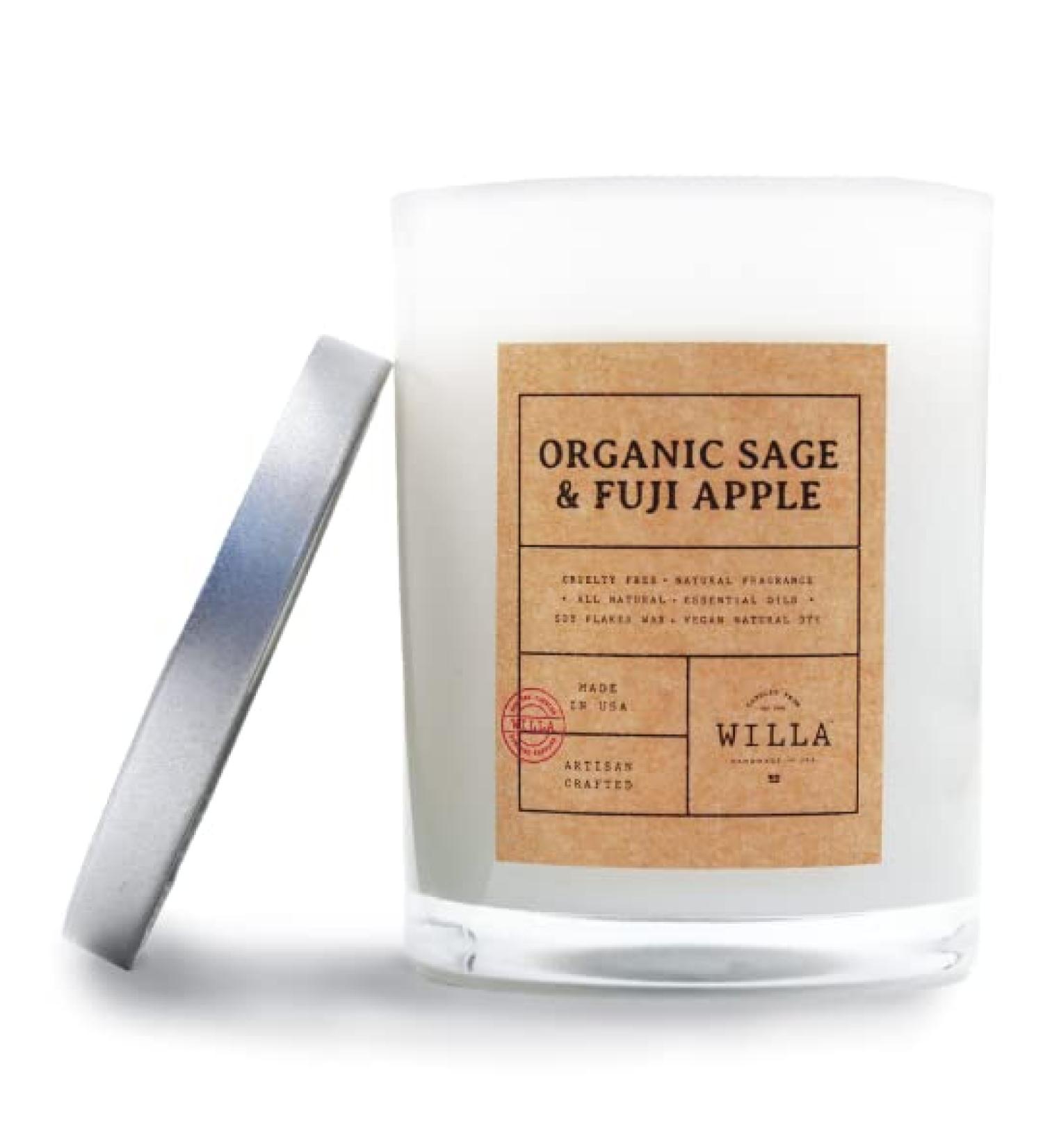 Willa Organic Sage & Fiji Apple Highly Scented Candle - All Natural Soy Wax Candles Artisan Made in The USA with Essential Oils - Best for a Home/Aromatherapy/Gift/Spa/Bathroom 9oz Jar Candle