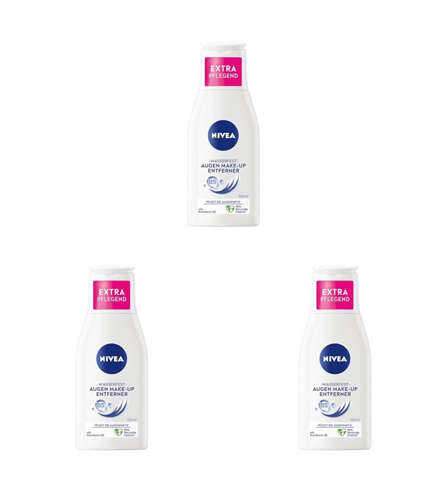 Nivea Waterproof Eye Make-Up Remover 125ml - Gentle Chamomile Formula Removes Waterproof Mascara - 3 Pack Eco-Friendly 95% Recycled Bottle - Buy Online on GoSupps.com