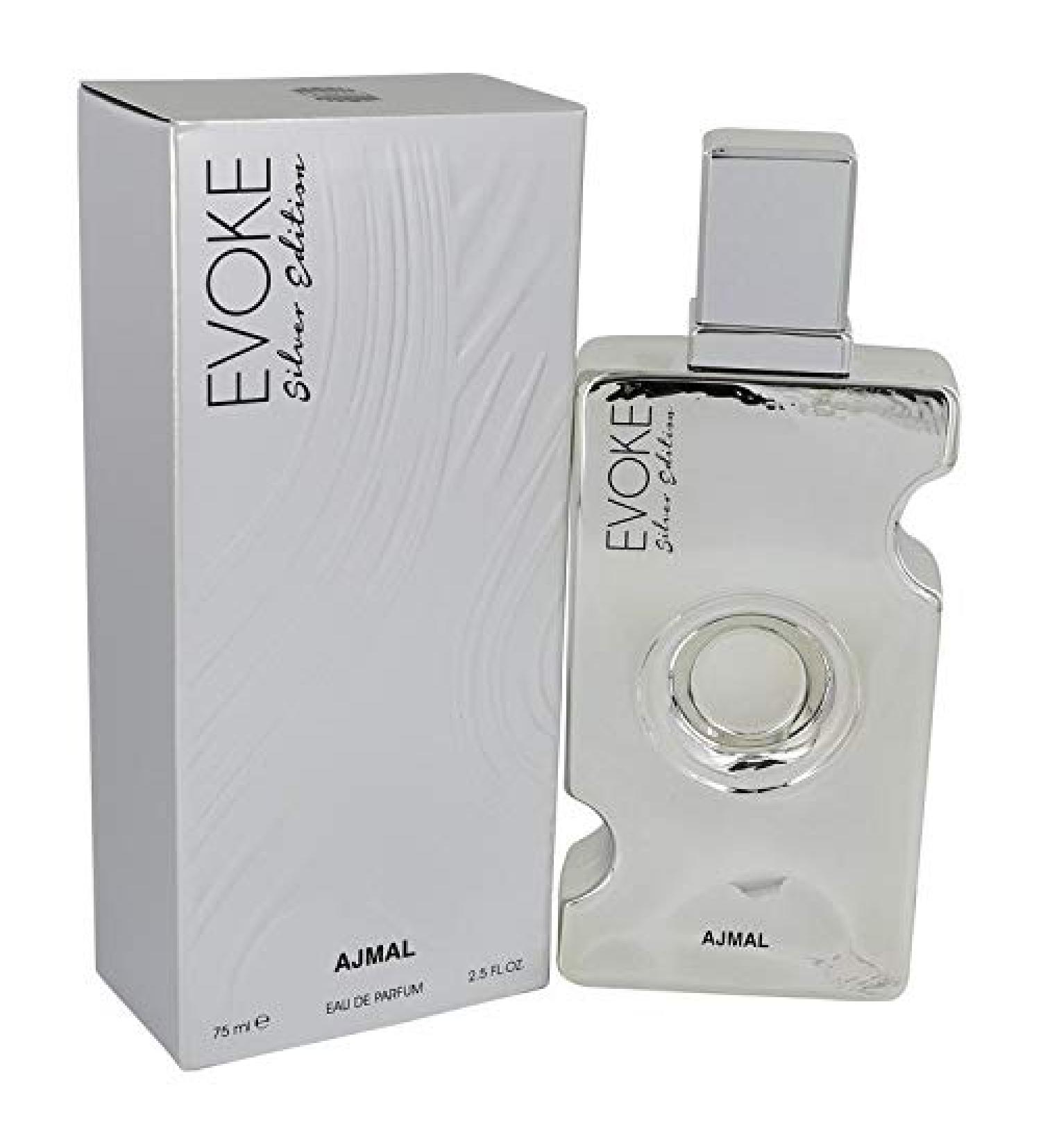 Ajmal Evoke Silver Edition for Women EDP - 75 ML (2.5 oz) | Arabian Perfumery | Fresh & Citrusy Opening Through Oranges Floral Heart w/Rose Woody & Powdery Base w/Vanilla | Glamorous