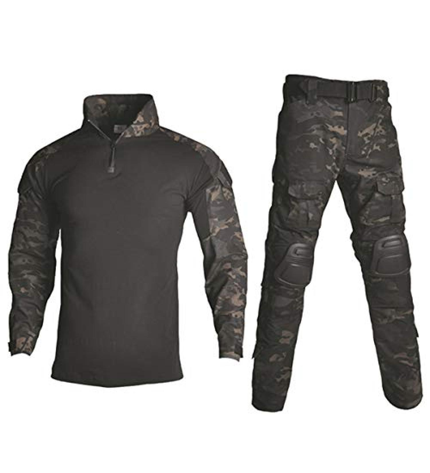 HARGLESMAN Men's Tactical Military Suit Long Sleeve Army Uniform with Knee Pads - Black Camo | Size Medium - Buy Online on GoSupps.com