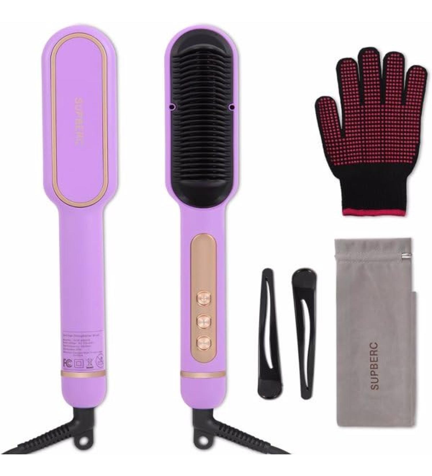 Buy Negative Ionic Hair Straightener Brush - 9 Temp Settings Fast Heating Anti-Scald - Perfect Hair Straightening Comb (Purple) - International Shipping Available - Buy Online on GoSupps.com