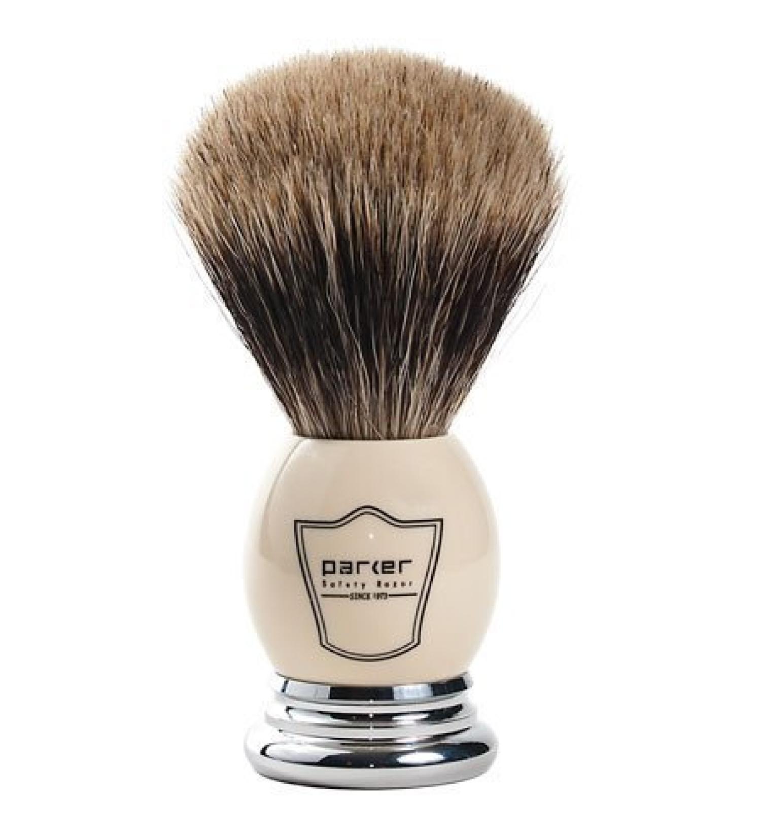 Parker Safety Razor 100%"Extra Dense" Best Badger Bristle Shaving Brush With White & Chrome Handle - Free Brush Stand Included White/Chrome