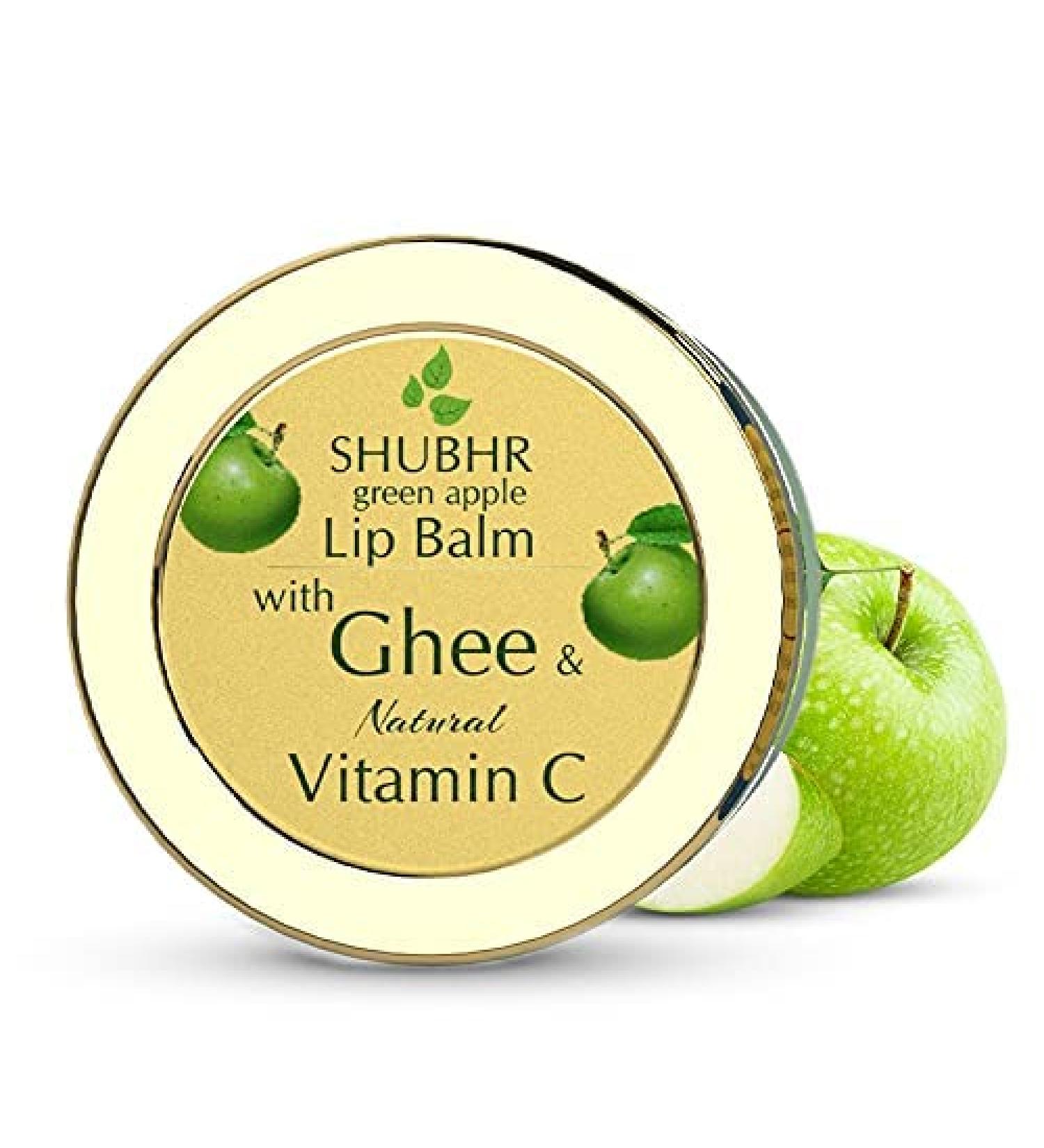 Shubhr Green Apple Lip Balm & Gloss - 100% Ayurvedic Ghee & Vitamin C Moisturizer for Dry Chapped Lips - Paraben & Sulphate Free (15g 10 Herbs) | International Shipping - Buy Online on GoSupps.com