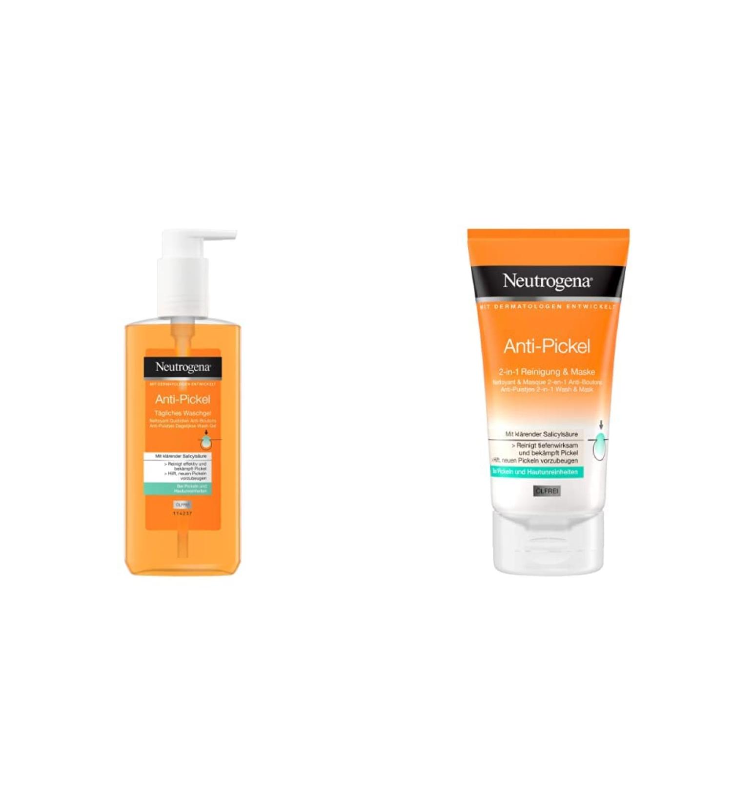 Neutrogena Anti-Pimple Face Wash & 2-in-1 Mask Bundle - Salicylic Acid for Blemished Skin 200ml + 150ml - Clear Skin Solution - Buy Online on GoSupps.com