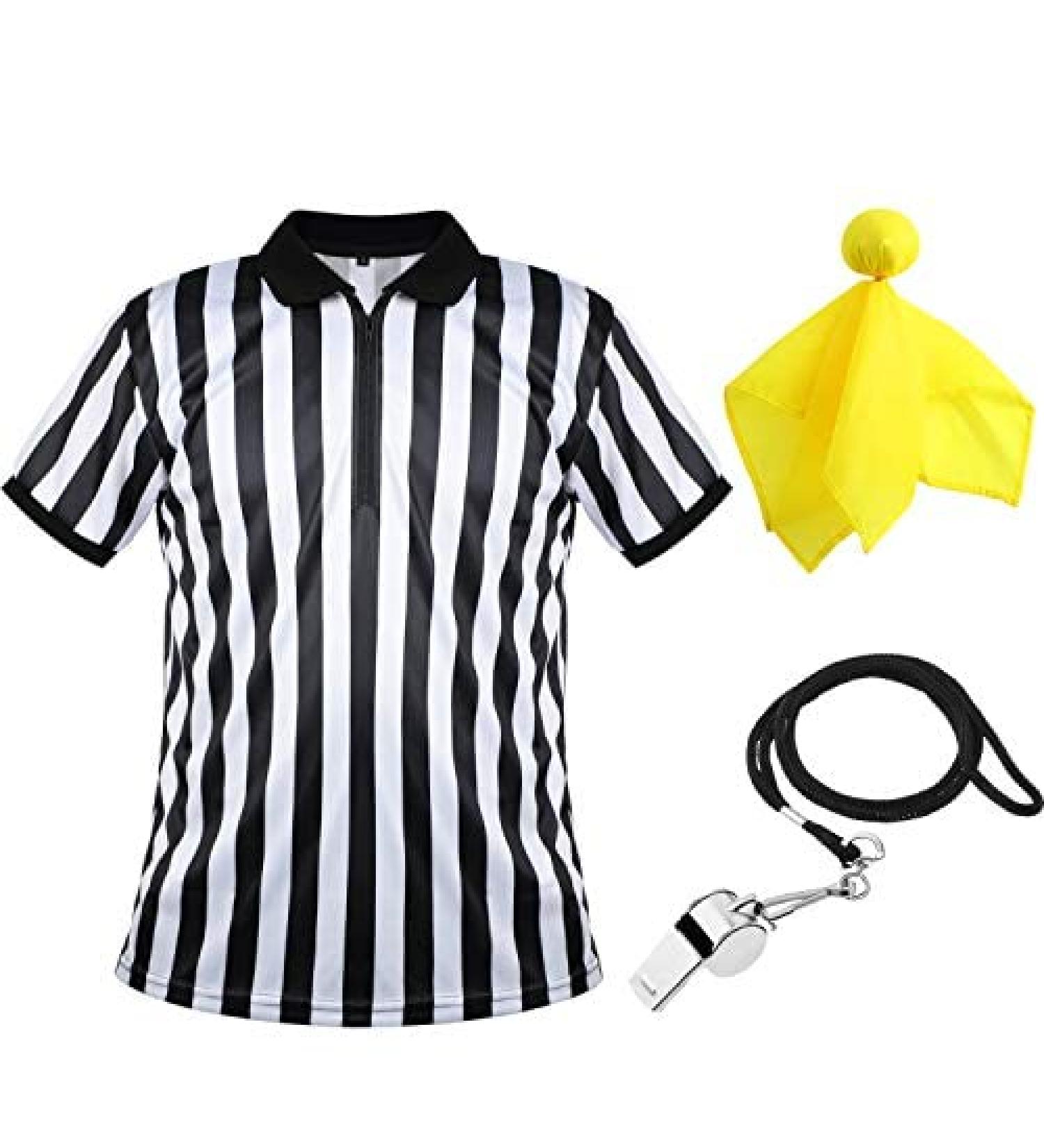 Official Men's Referee Jersey - Black & White Striped Shirt with Collar Yellow Penalty Flag & Stainless Steel Pipe for Basketball & Football - Buy Online on GoSupps.com