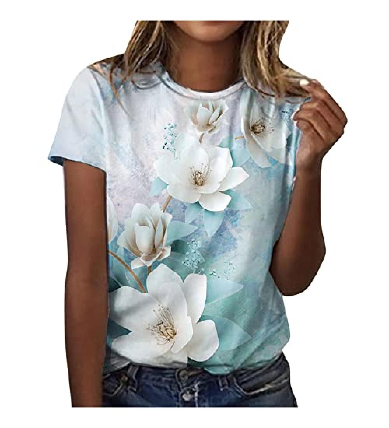 Floral Printed Casual Women's Summer Top | Loose Fit Short Sleeve T-Shirt in Light Blue - Buy Online on GoSupps.com