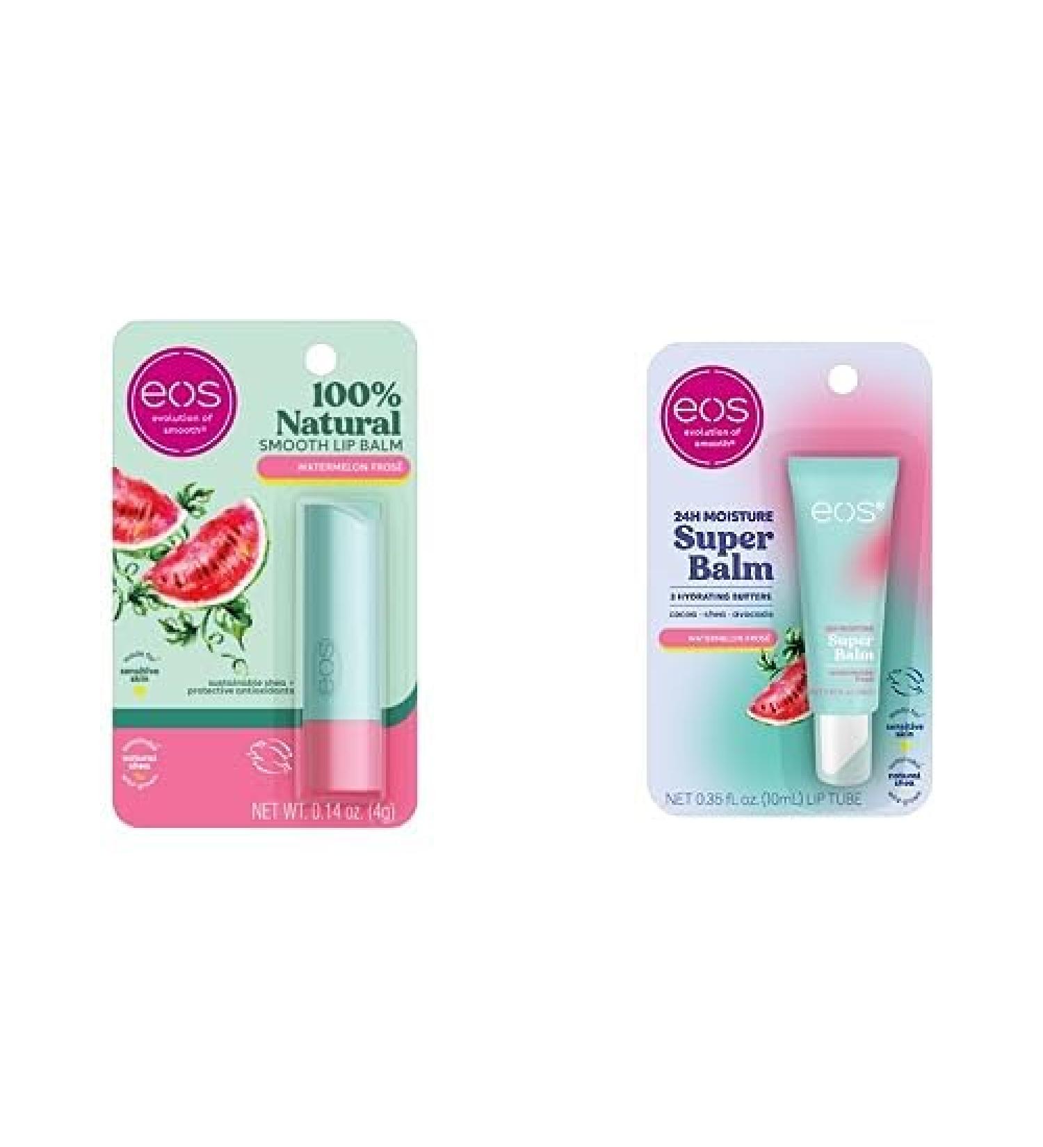 Bundle of eos 100% Natural Watermelon Fros Lip Balm + eos 24H Moisture Watermelon Fros Super Balm Lip Mask Day or Night Lip Treatment Made for Sensitive Skin