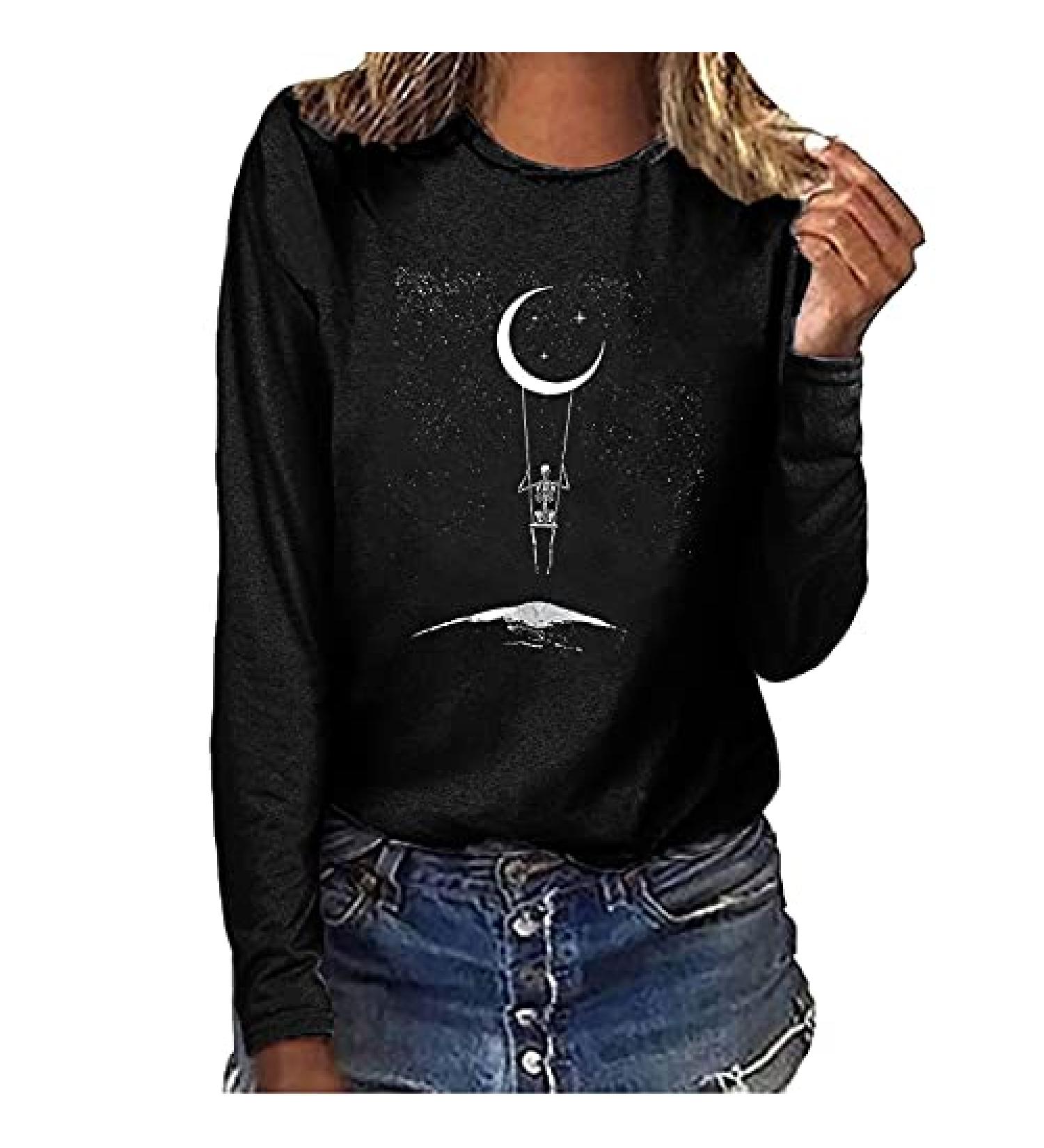 Women's Plus Size Sun Moon Print Graphic T-Shirt - Black XXL | Casual Loose Blouse - Buy Online on GoSupps.com