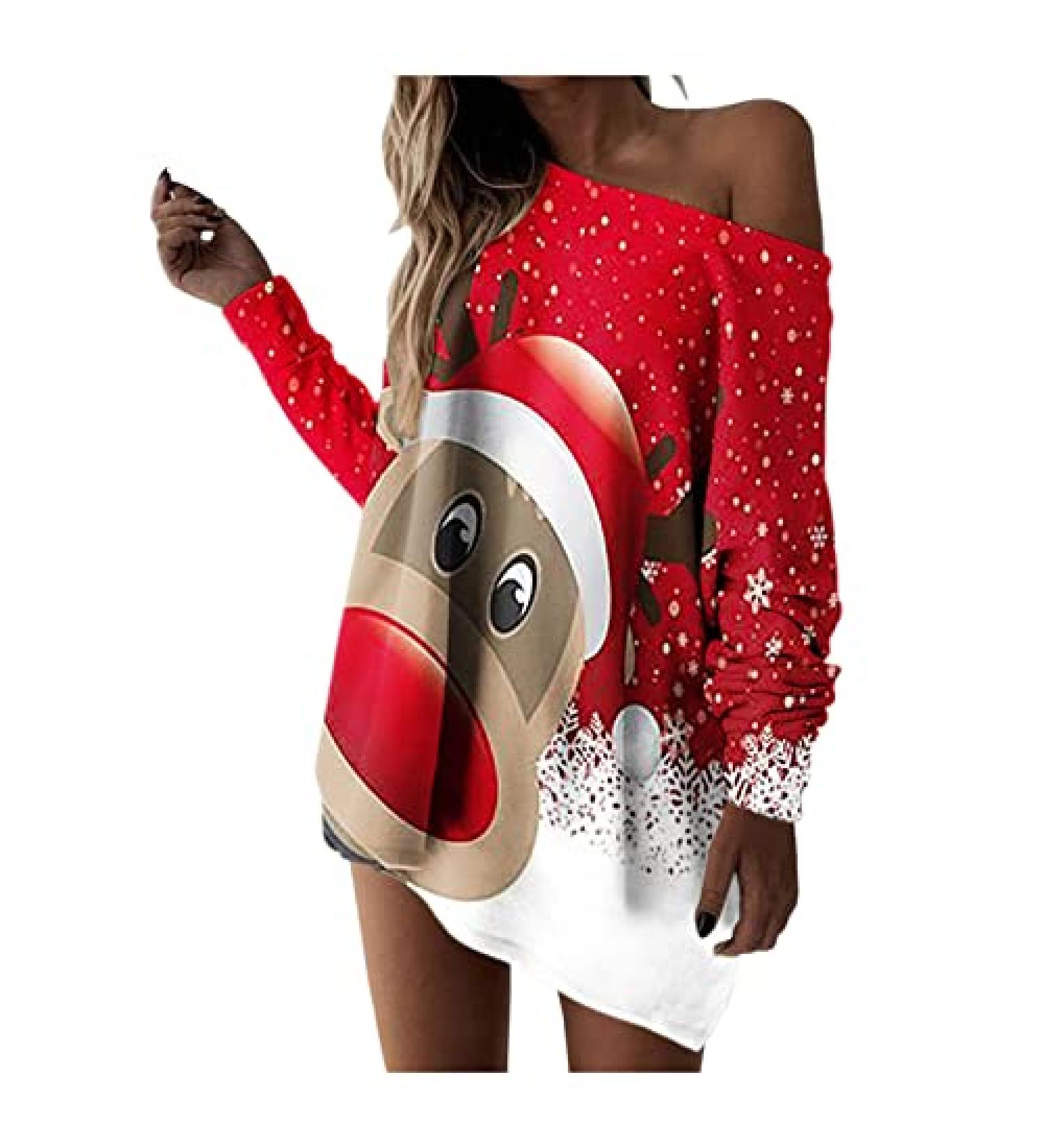 Christmas Diamond Print Women's Long T-Shirt - Red Pullover with Skew Collar and Long Sleeve - Buy Online on GoSupps.com