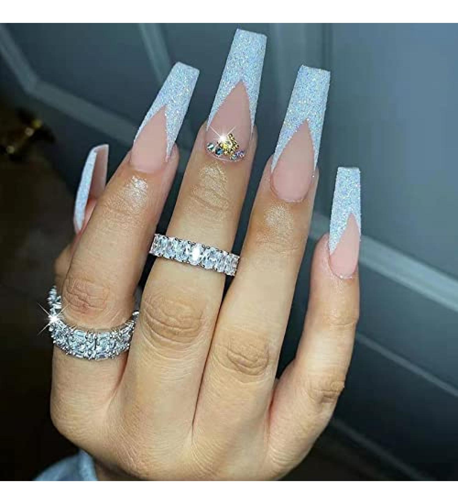 MISUD French Press on Coffin Fake Nails | Long Ballerina False Nails 24Pcs | Matte Rhinestone Acrylic Nails for Women and Girls - Buy Online on GoSupps.com