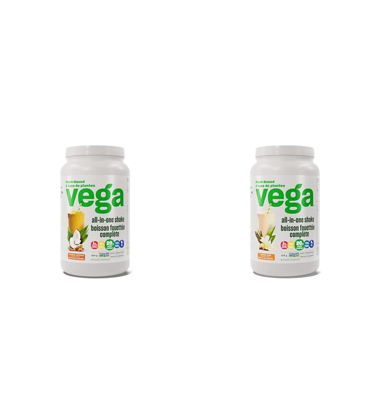 Vega All-in-One Vegan Protein Powder Coconut Almond (20 Servings) + Vegan Protein Powder Vanilla Chai (20 Servings) | Superfood Ingredients Vitamins For Immunity Coconut Almond 20 Servings (Pack of 1) + Powder - Buy Online on GoSupps.com