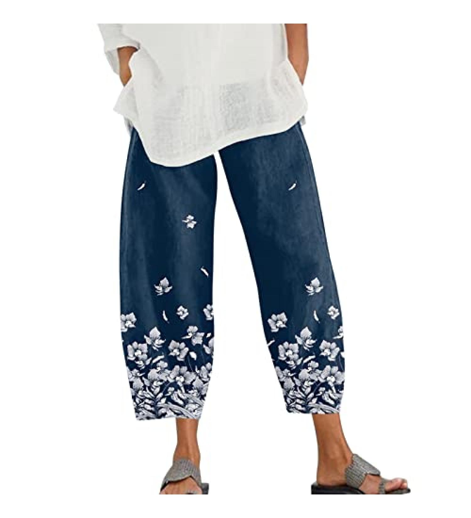 Women's Casual Cotton Linen Palazzo Pants with Pockets - Navy, X-Large - Buy Online on GoSupps.com