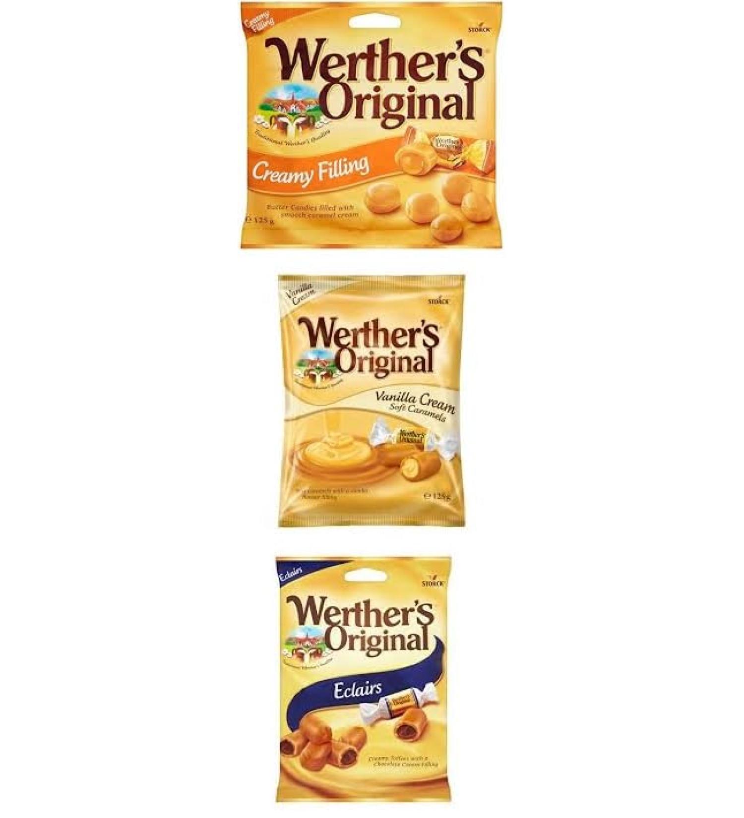 Werthers Original Sharing Bundle - Creamy Filling (125g) Vanilla Cream (125g) and Eclairs (125g) - Buy Online on GoSupps.com