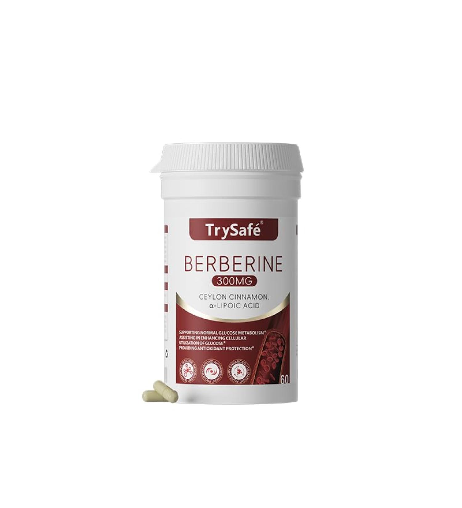 TrySafe 300mg 8-in-1 Berberine Complex with Ceylon Cinnamon Licorice Bitter Melon & Alpha-Lipoic | Support Healthy Energy Levels* Cardiovascular Function* & Overall Wellness* | Herbal Supplement