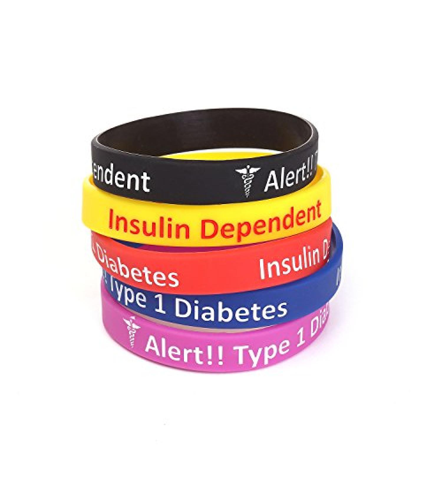 5-Pack Silicone Medical Alert Bracelet Wristbands - Engraved Diabetes Insulin Dependent - Multi-Color Type 1 Diabetes - Buy Online on GoSupps.com