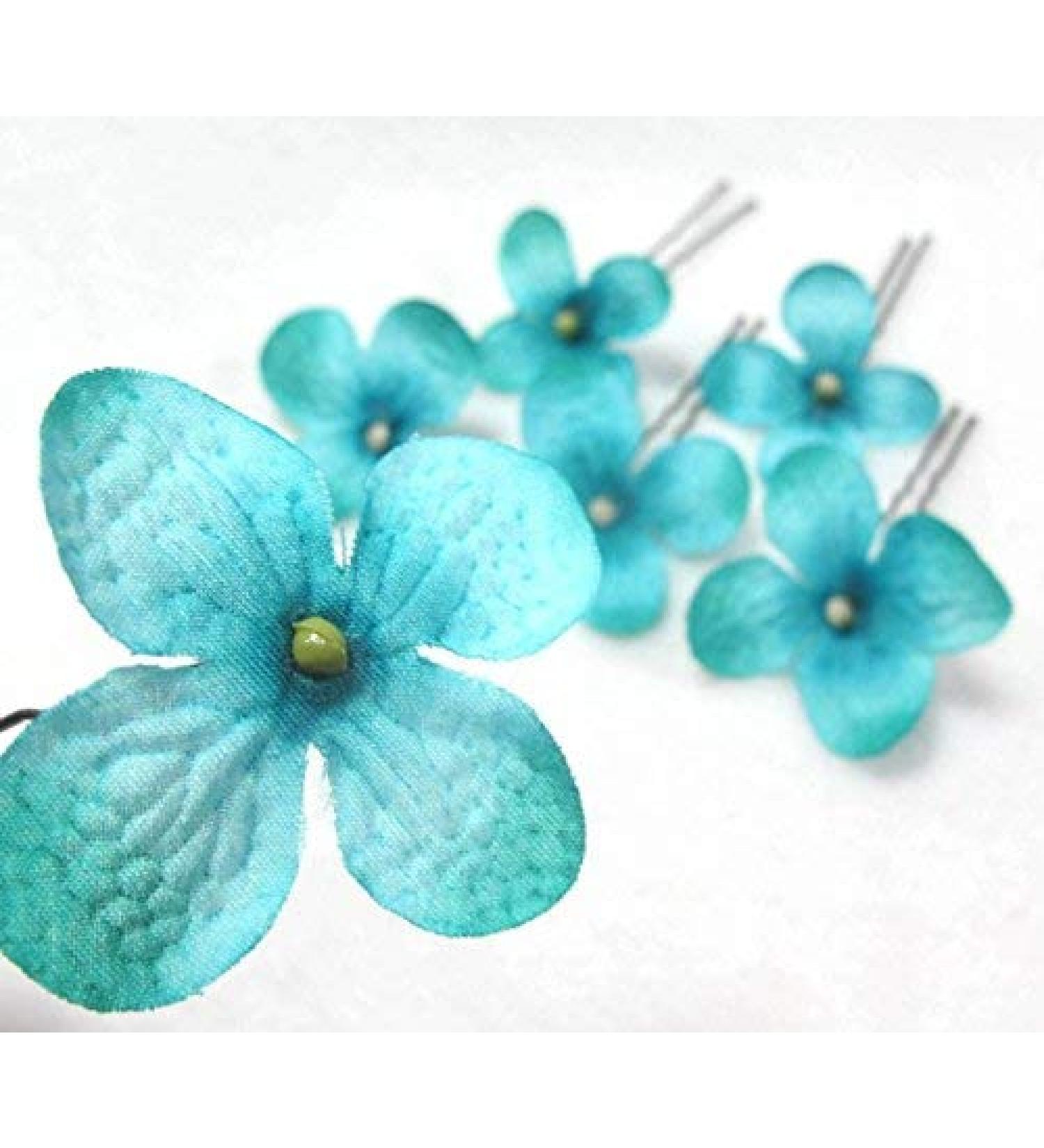 Small Turquoise Blue Hydrangea Cluster Hair Flowers- Set of 6