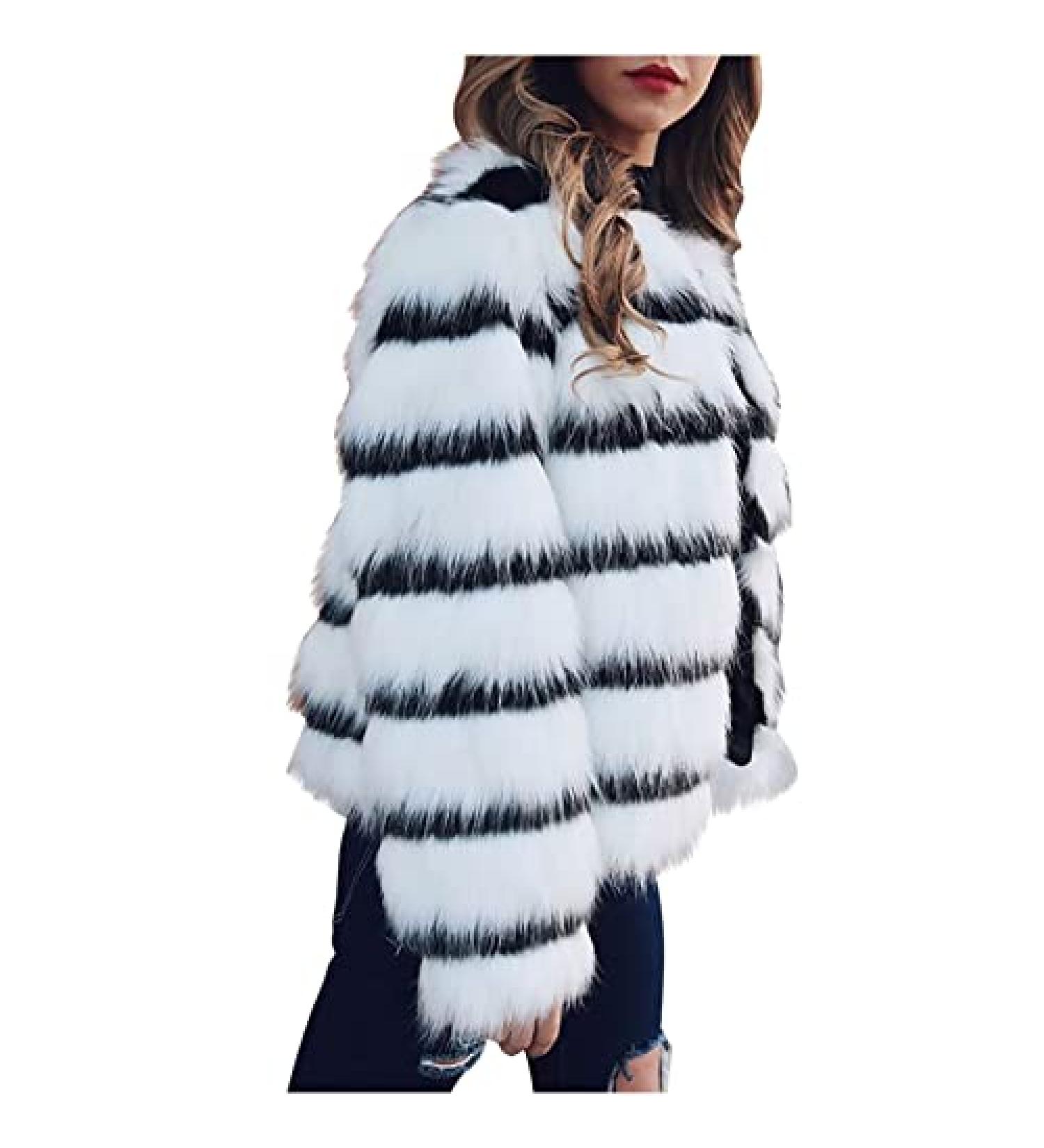 Women's Elegant Cropped Faux Fur Party Coat - Black & White Stripe Colorblock - Size XL - Buy Online on GoSupps.com