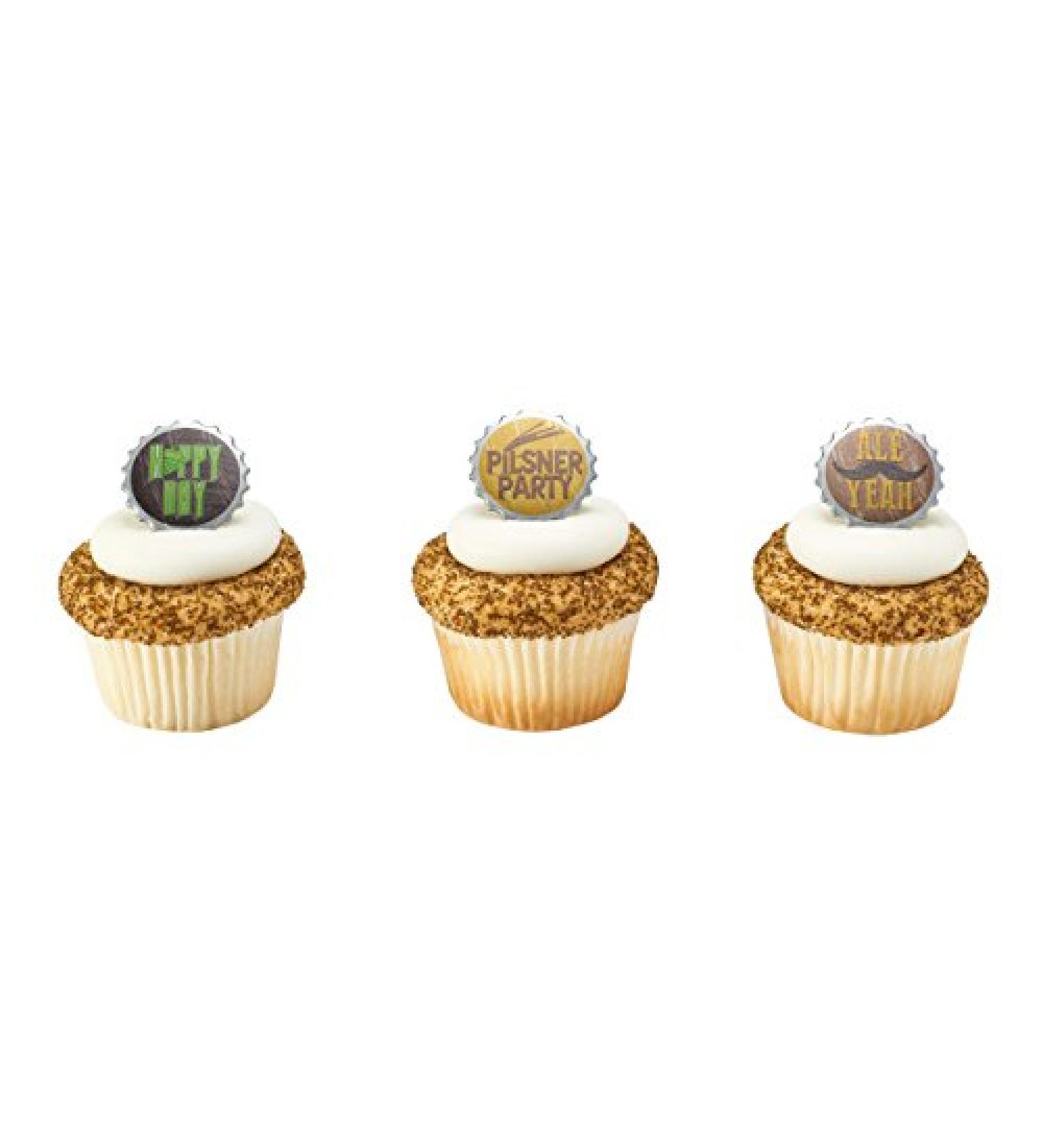 Beer Inspired Bottle Cap Cupcake Topper Decorations - Set of 12