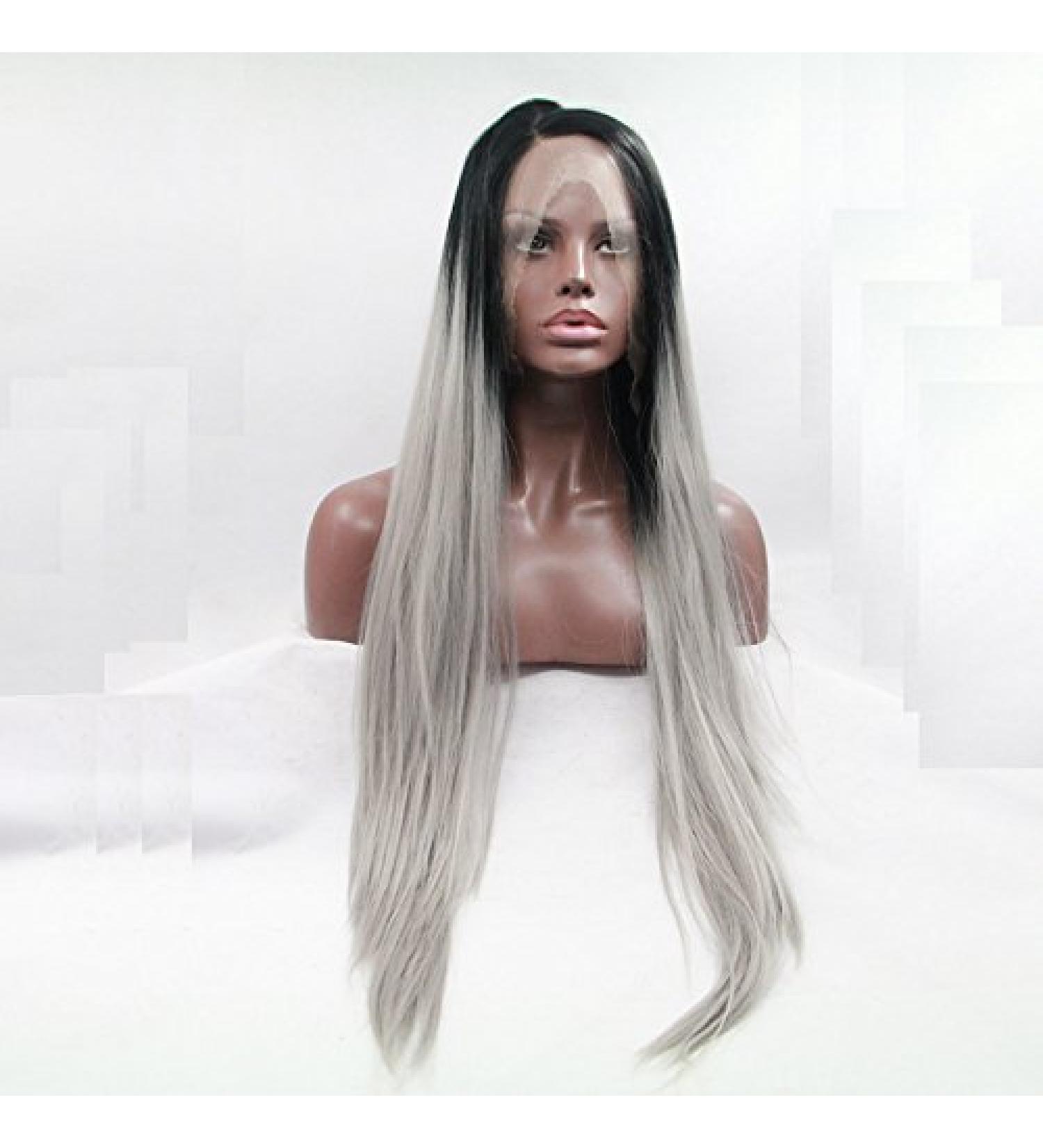 High-Quality Gray Two-Tone Ombre Silky Wig | Dark Roots Adhesive-Free Lace Front | Heat-Resistant Synthetic Fiber - Buy Online on GoSupps.com