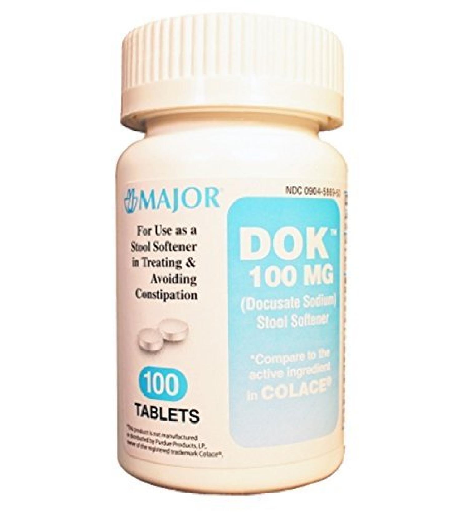 Major DOK 100MG TABS DOCUSATE SODIUM-100 MG White 100 Tablets UPC 309045869604