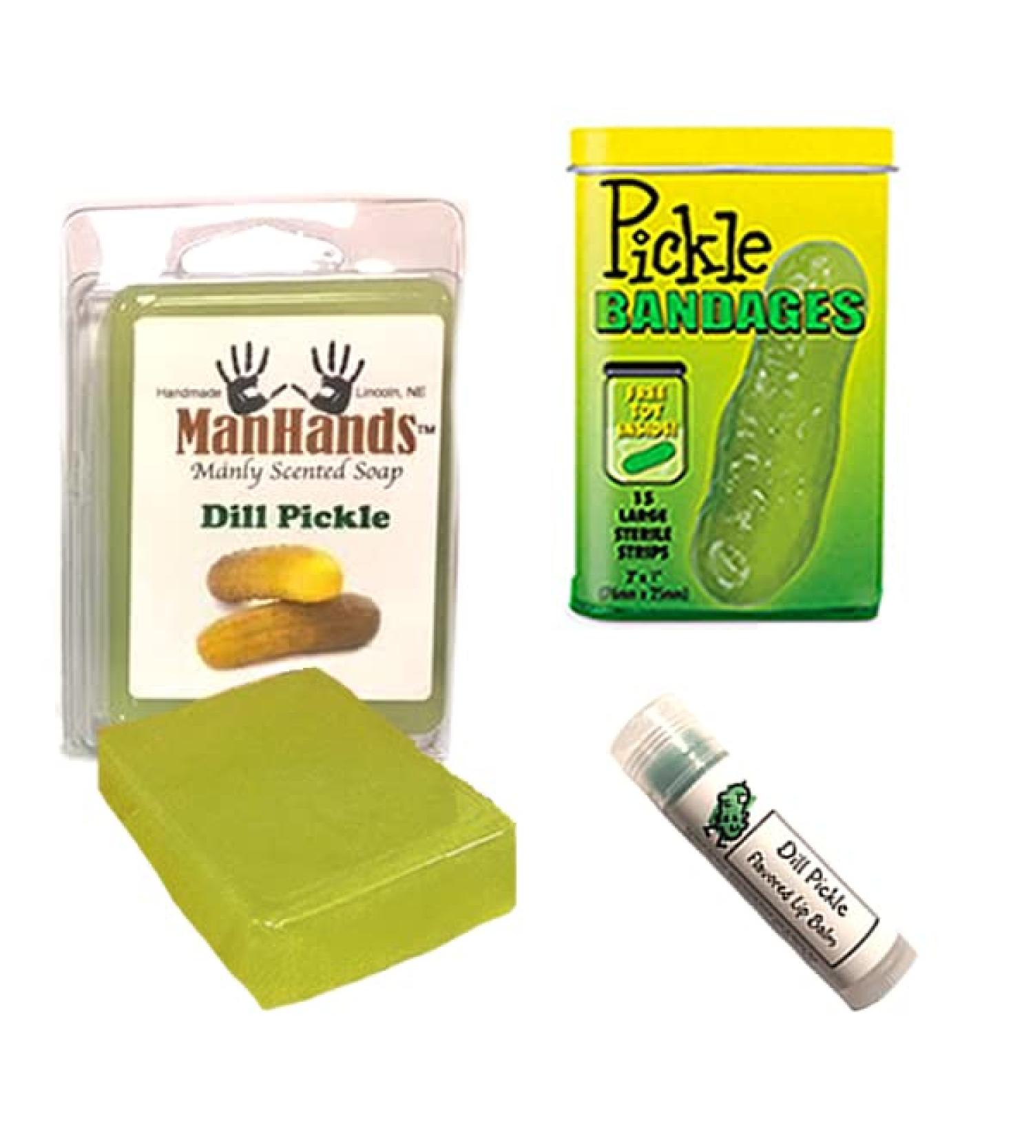 Pickle Bath & Grooming Sampler Gift Pack (3pc Set) - Dill Pickles Lip Balm Pickle Bandages & Pickle Soap