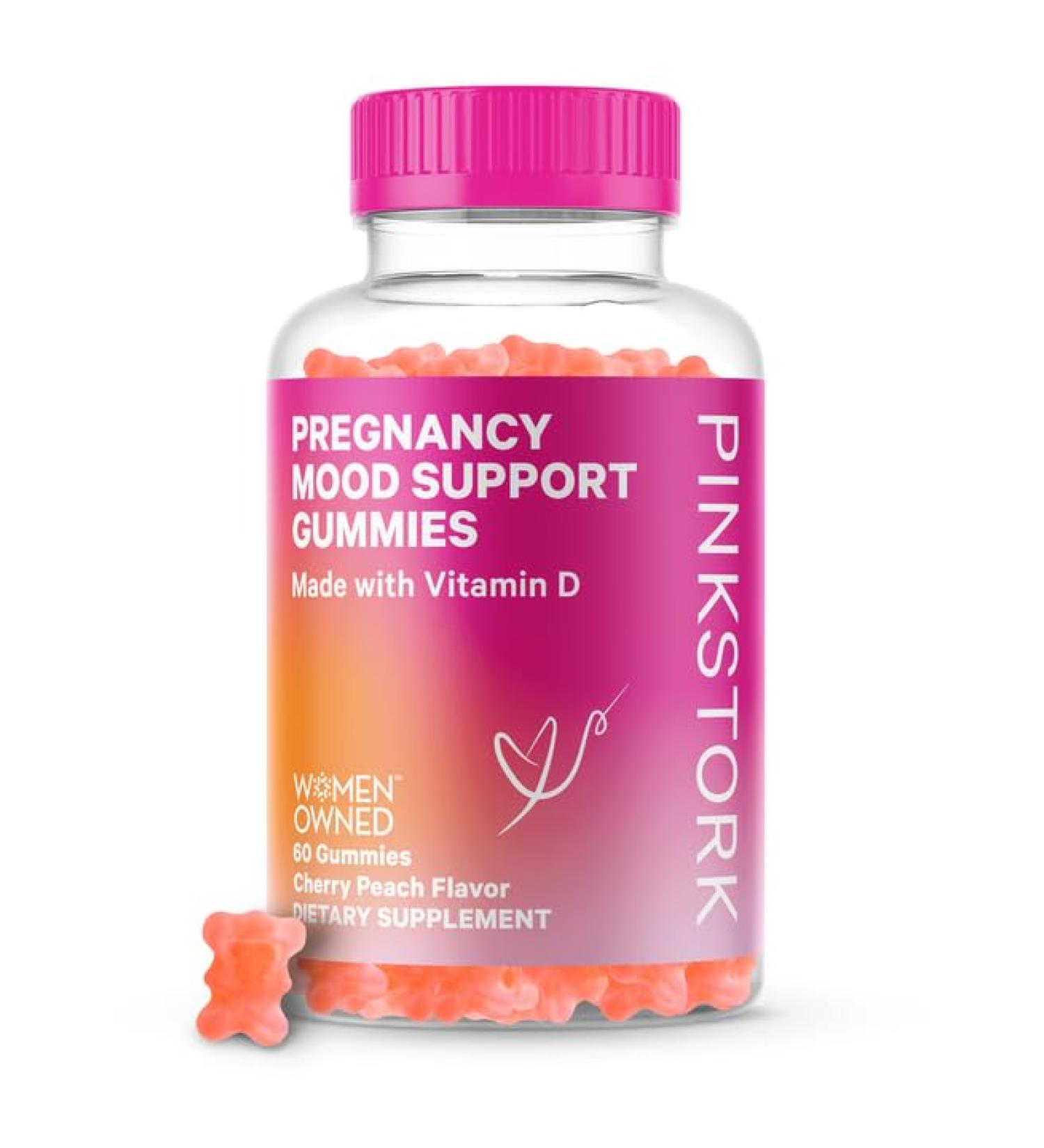 Pink Stork Pregnancy Mood Gummies: Prenatal Vitamin D Chewables for Immune and Mood Support - 60 Cherry Peach Gummies - Buy Online on GoSupps.com