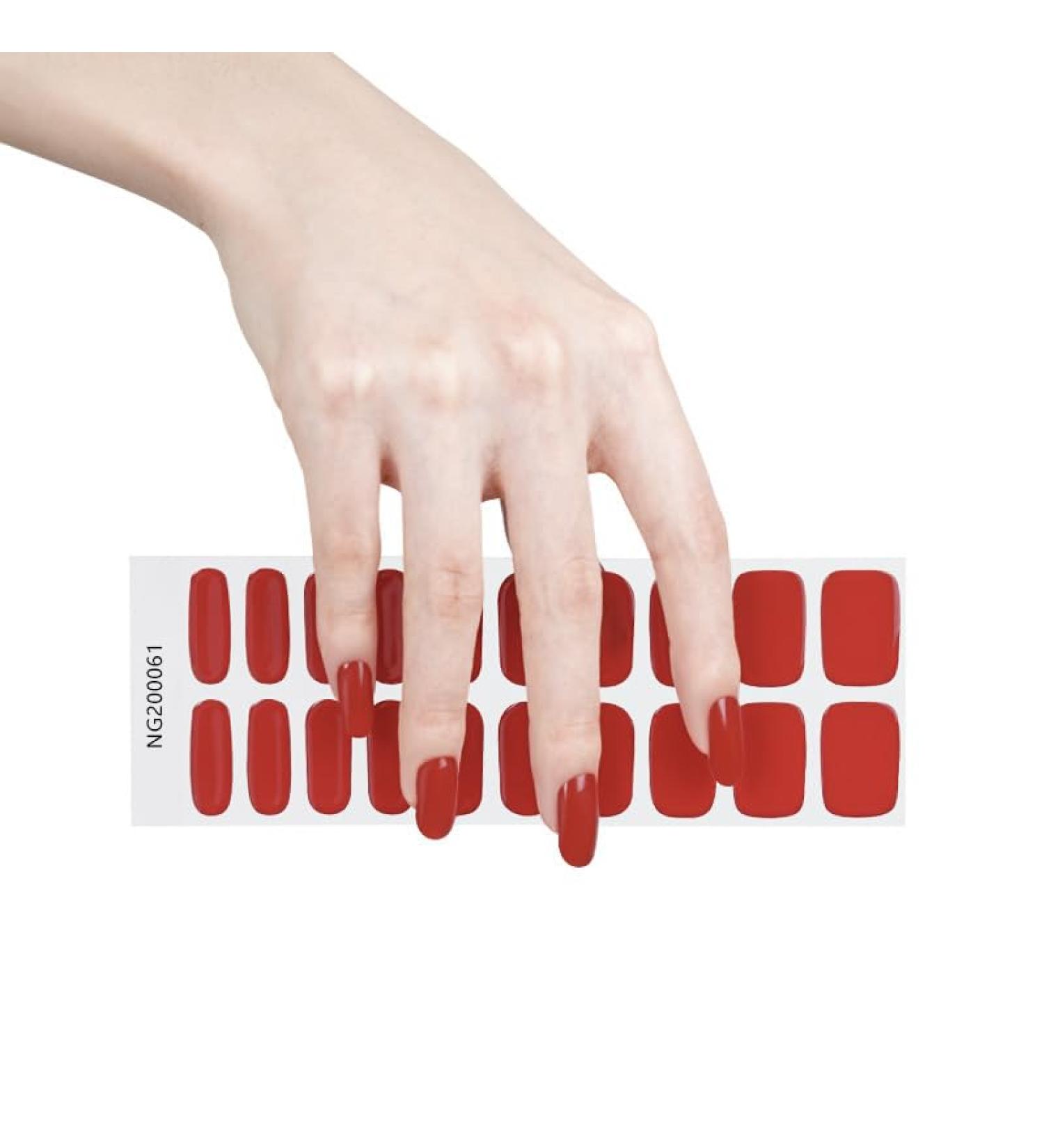 Red Semi Cured Gel Nails Strips 20 Stickers Nail Wraps Soft Self-Adhesive Gel Nail Stickers Salon-Quality Gel Nail Strips for Nails French Tip Manicure UV/LED Lamp Required (Red-61)