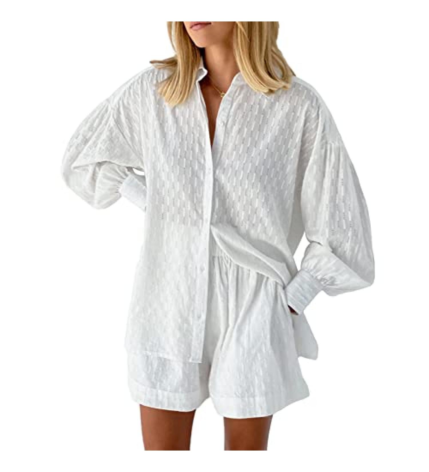 HAPCOPE Women's Oversized Long Puff Sleeve Blouse Shirt & Shorts Set - X-Large White - Buy Online on GoSupps.com