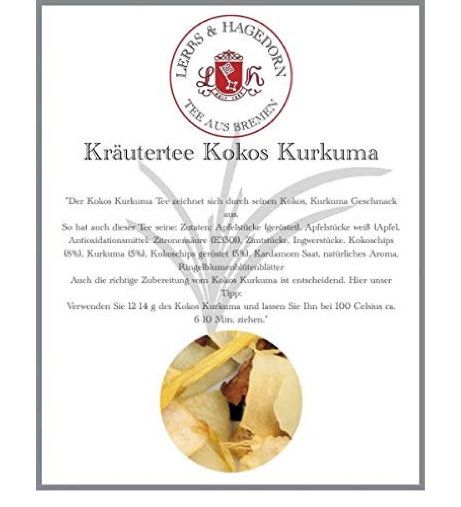  Lerbs & Hagedorn Lerbs & Hagedorn Coconut Turmeric Herbal Tea | Coconut Turmeric 2 kg approx. (162 litres) Apple pieces (roasted) white apple pieces cinnamon pieces ginger pieces coconut flakes  - Buy Online on GoSupps.com