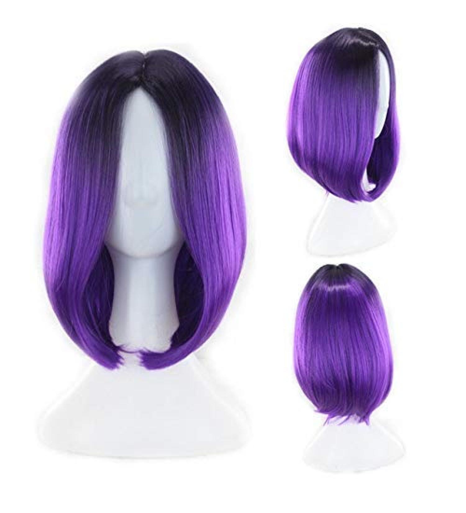 GJBXP 12inch Short Bob Wigs for Women Synthetic Hair Anime Cosplay Two Tone Black Pink Gray Blue Green Red Purple Blonde Ombre Wig Black Yellow Black Purple