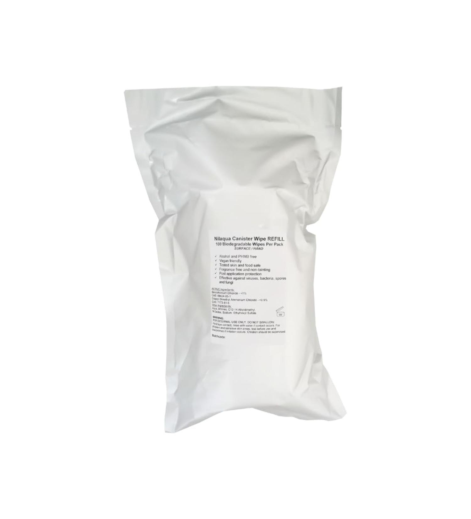 Nilaqua Canister Refill Wipes 100 Pack of Biodegradable Cleaning and Disinfectant Wipes for Surface hand Antibacterial Sanistising Effective Against UP to 99.9999% of Bacteria & Viruses - Buy Online on GoSupps.com