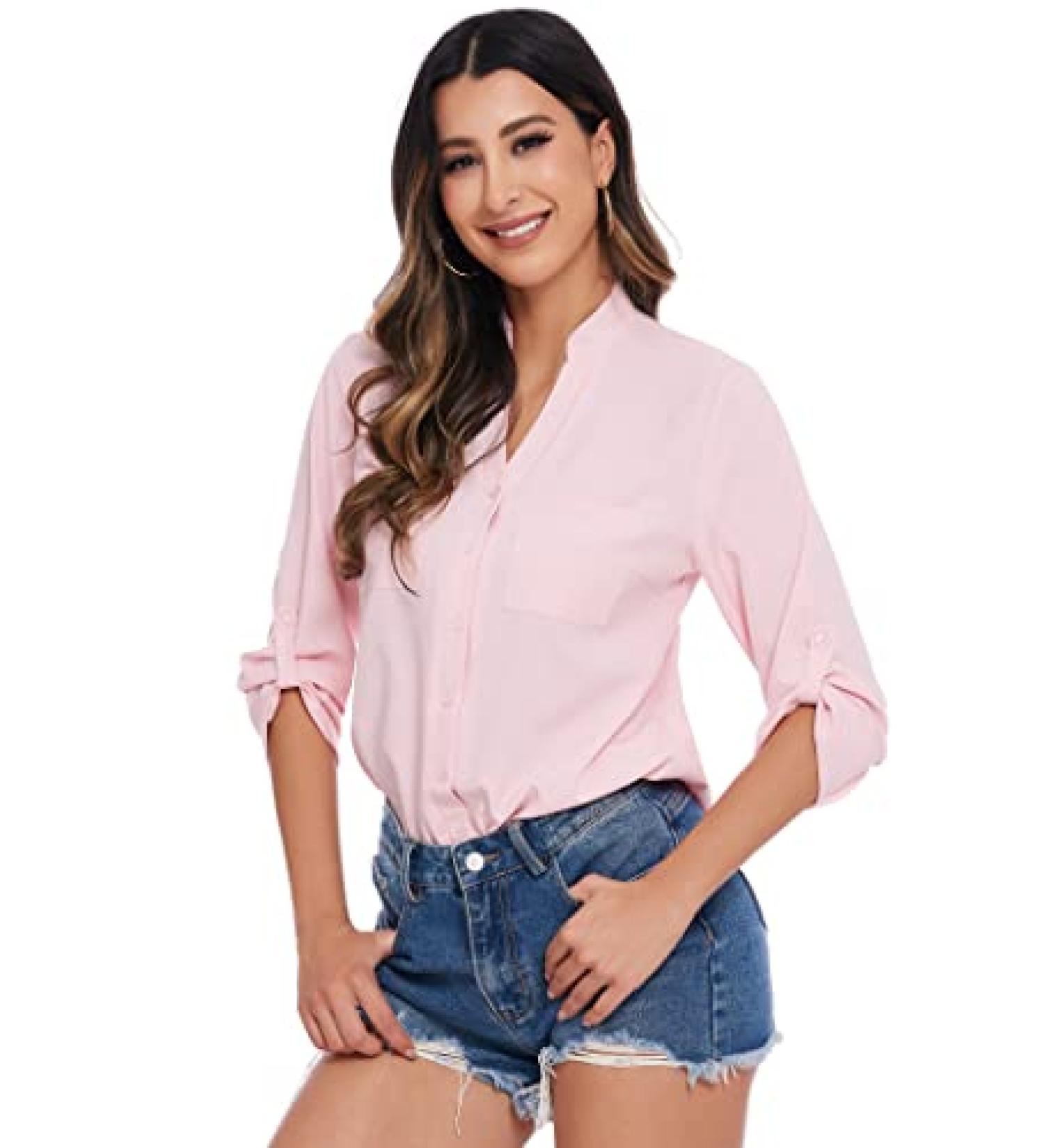 Pinspark Women's V-Neck Button Down Shirt - Pink, Size Medium | Office Business Blouse for Workwear Casual Dress | S-XXL - Buy Online on GoSupps.com