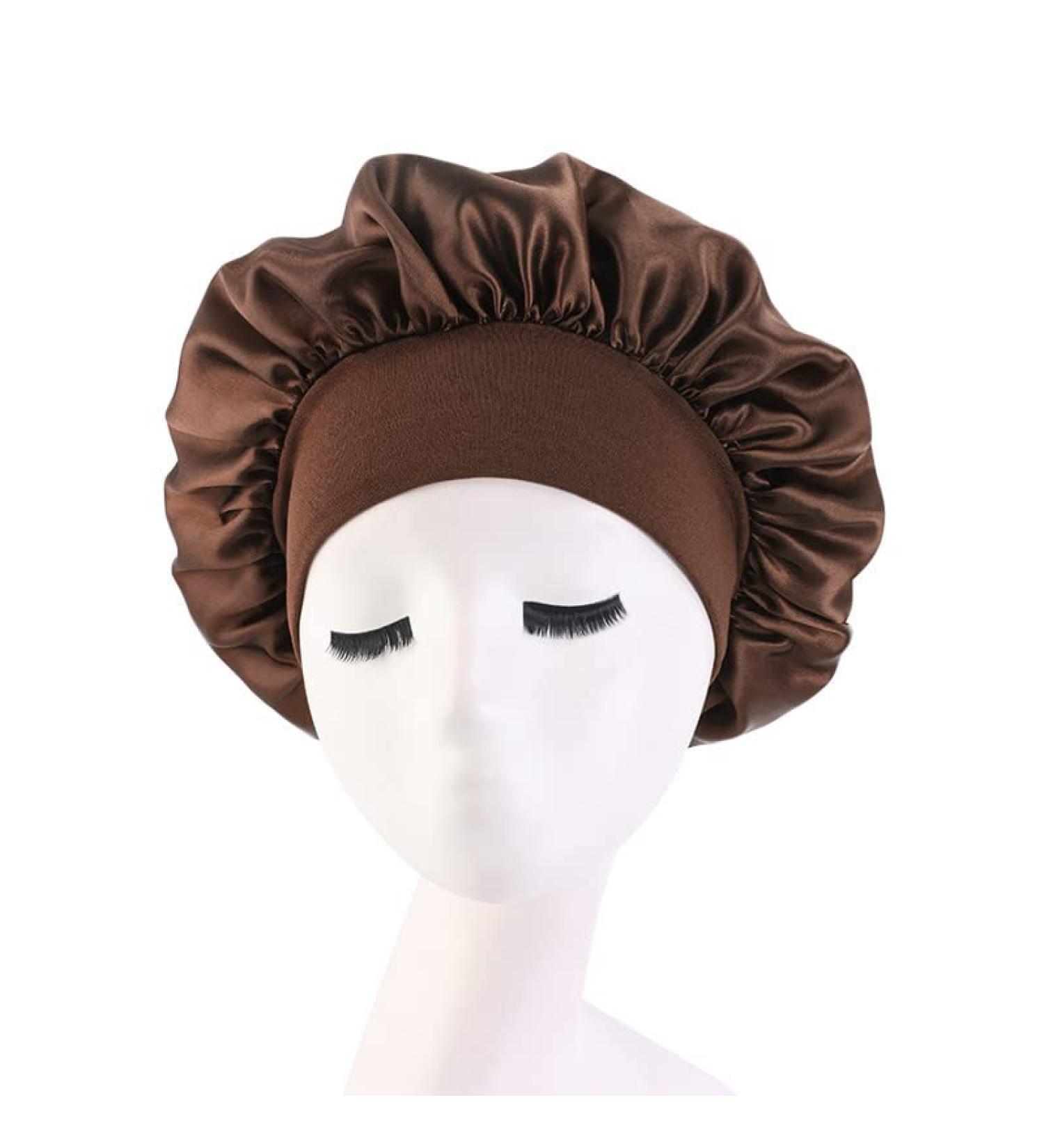 Silk Satin Hair Bonnet for Sleeping | Wide Elastic Band Soft Sleep Cap for Women Girls | Curly Hair Protection | Brown - Buy Online on GoSupps.com