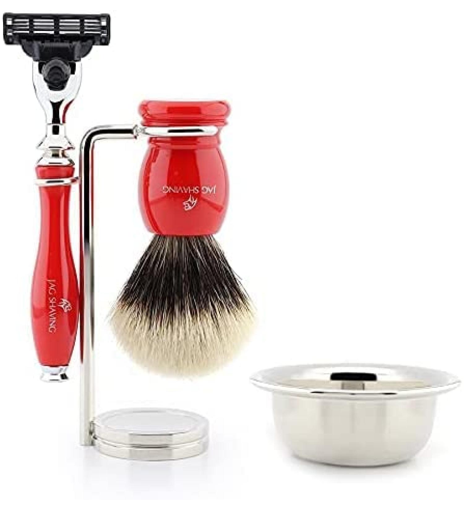 Jag Shaving 3-edge shaving set with silver-tipped badger brush stainless steel shaving stand and bowl