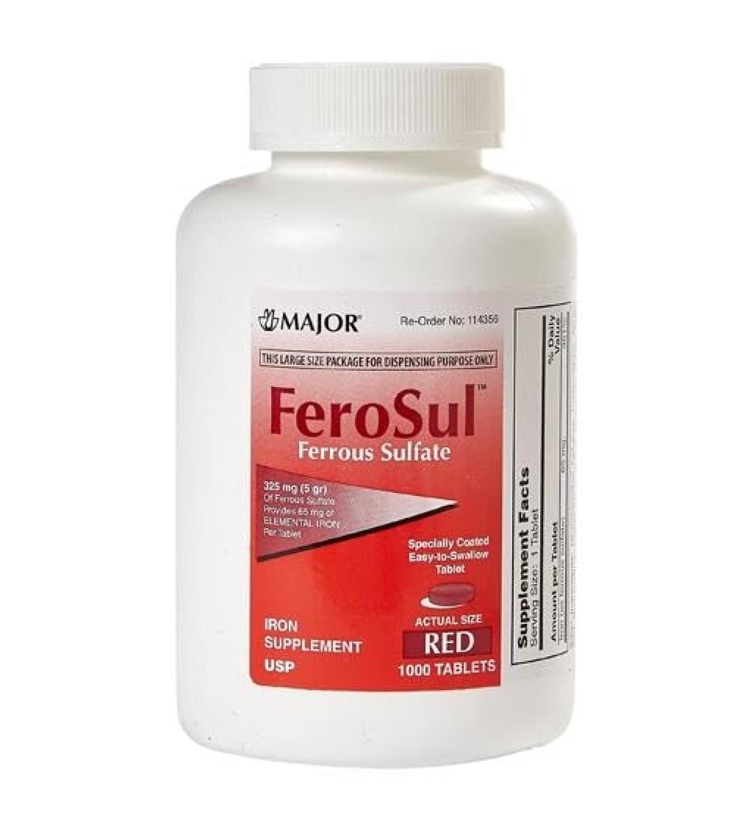 Major FeroSul Ferrous Sulfate 325 mg (5 gr) - 1000 Red Tablets