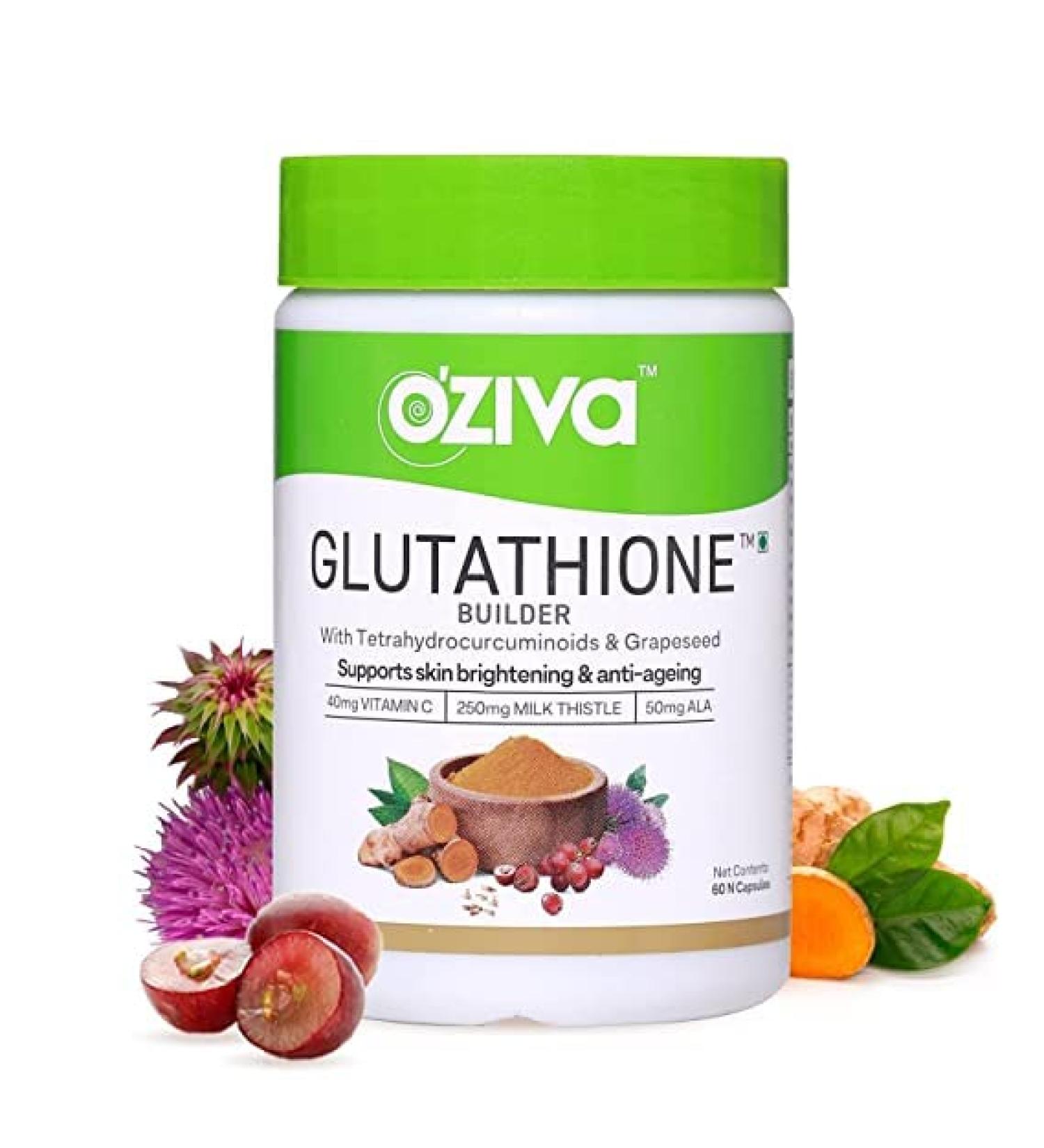 RRR Glutathione Builder (with ALA Skin Vitamins & Selenium) for Skin Brightening + OZiva Inner Gl Skin Brightening Face Serum (with Phyto Vitamin C Rosehip Oil Turmeric & Saffron) for Even Tone Radiance & Skin Glow