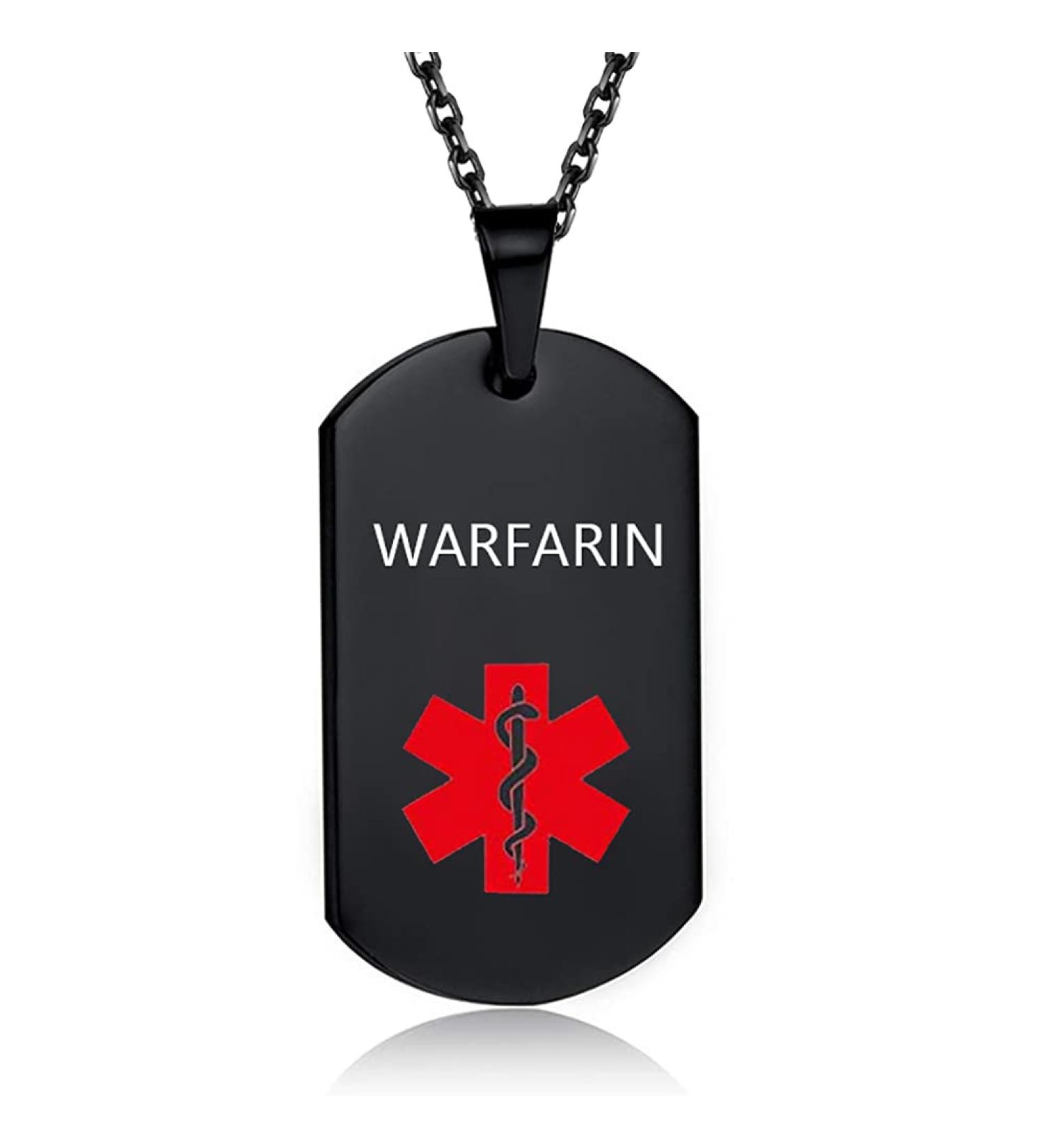Buy Black Medical Alert ID Necklace for Men & Women - Emergency WARFARIN Stainless Steel Dog Tag Jewelry - Buy Online on GoSupps.com