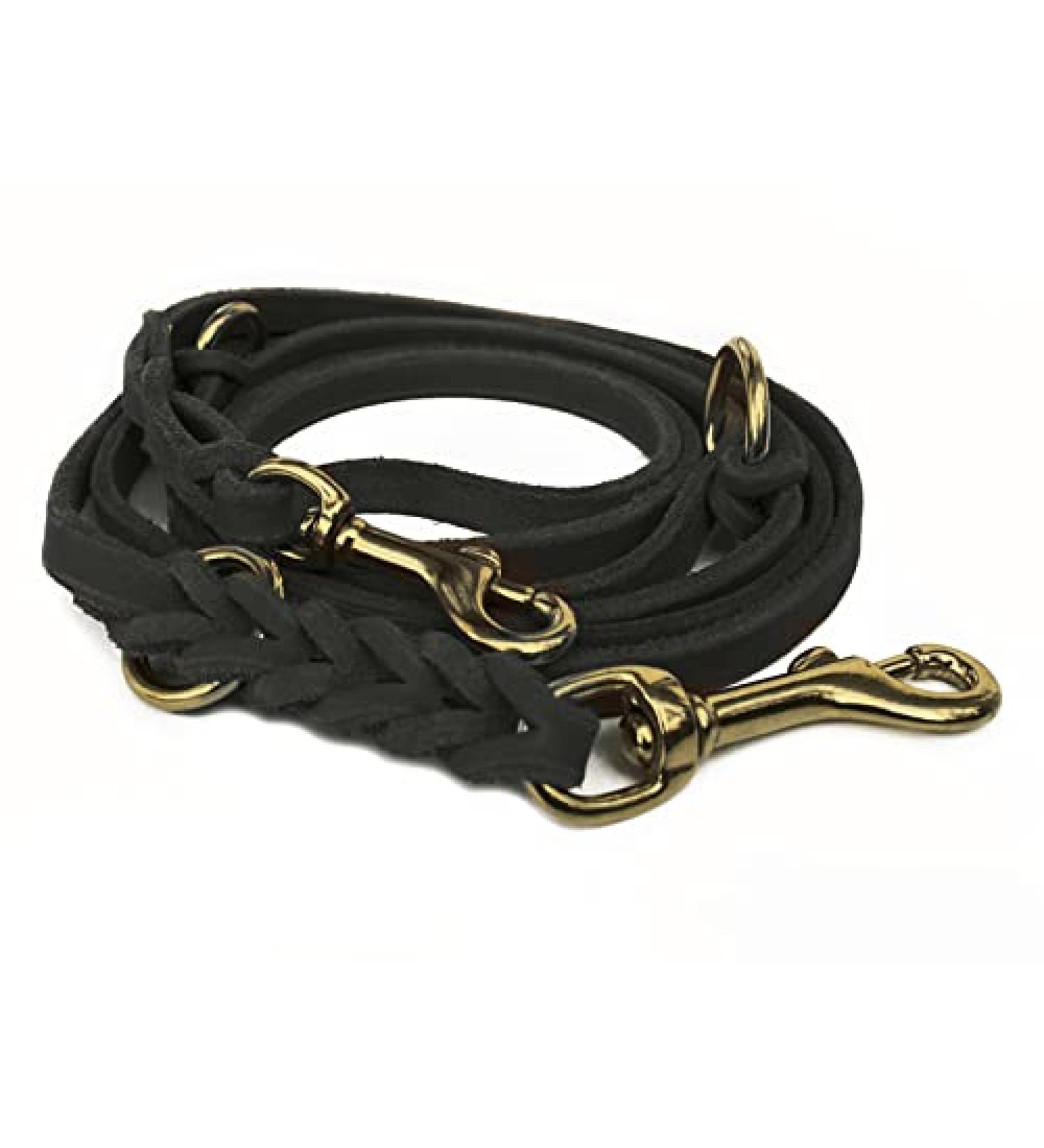 Fat leather Gleine 3-way adjustable leather line braided for dogs 96 models to choose from (2.40m x 8mm black brass hook) 2.40m x 8mm black brass hook