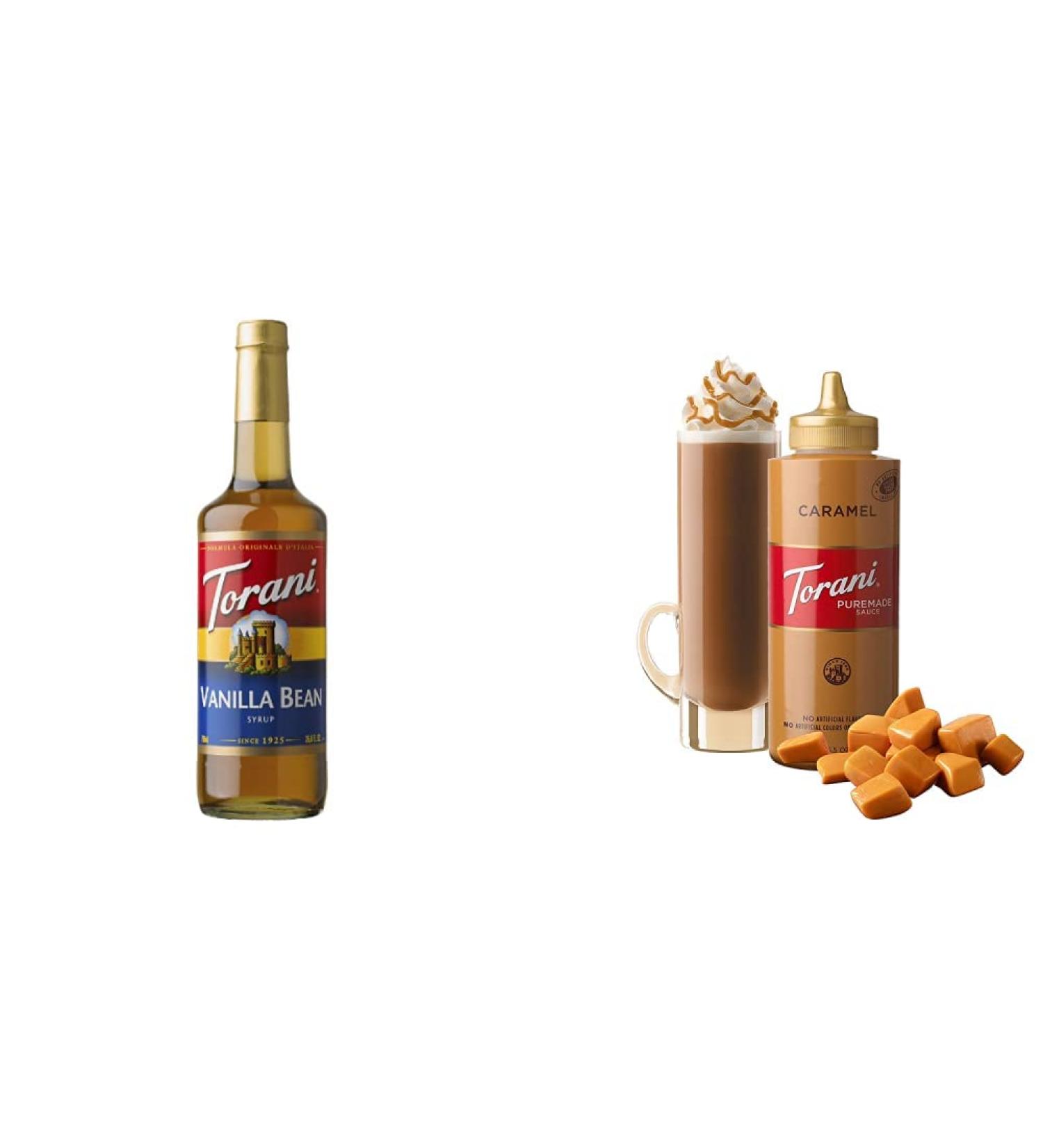 Torani Vanilla Bean Flavour Syrup 750 Milliliter & Caramel Squeeze Sauce 16.5 Fluid Ounce Flavour Syrup + Squeeze Sauce - Buy Online on GoSupps.com