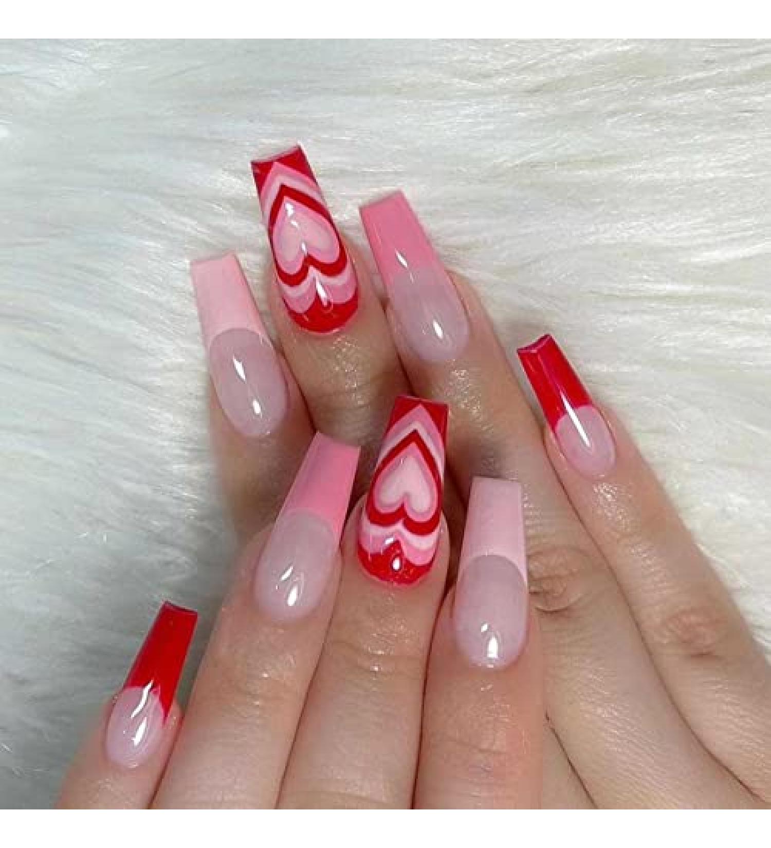 Bufenia French Coffin Artificial Nails - Flash Gradient Nude Pink Press On Nails with Glitter Heart - Ballerina Fake Nails for Women & Girls - 24 Pieces (Pink/Red) - Buy Online on GoSupps.com