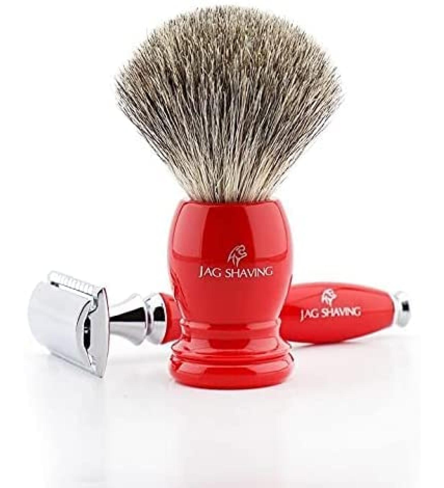 Double Edge razor with shaving brush made of real badger hair in ivory handle by Jag Shaving