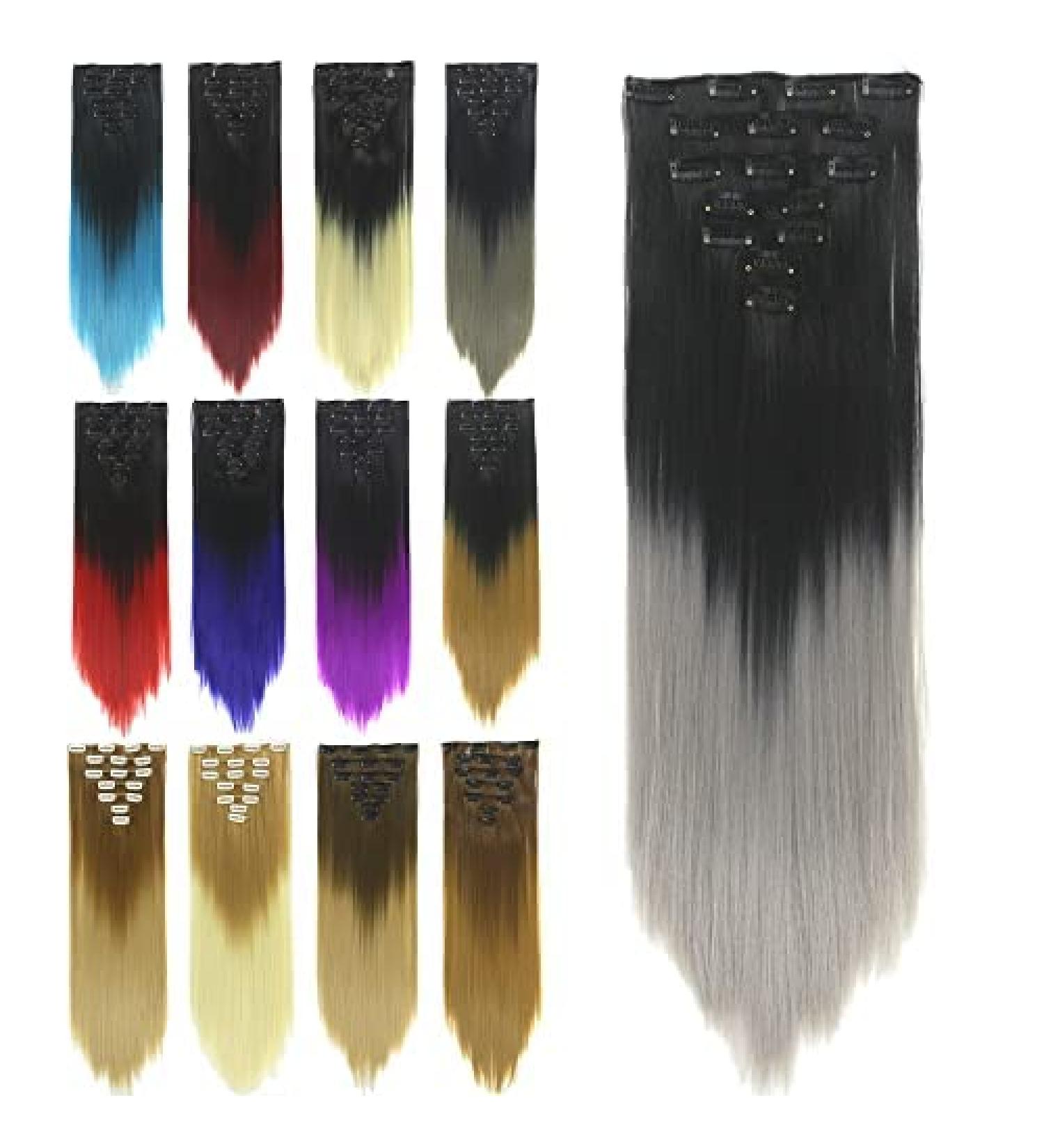 Imissu 7 pieces set for long Clip in hair extensions ombre color full head hair extension hair part for women 120g (ombr gray)