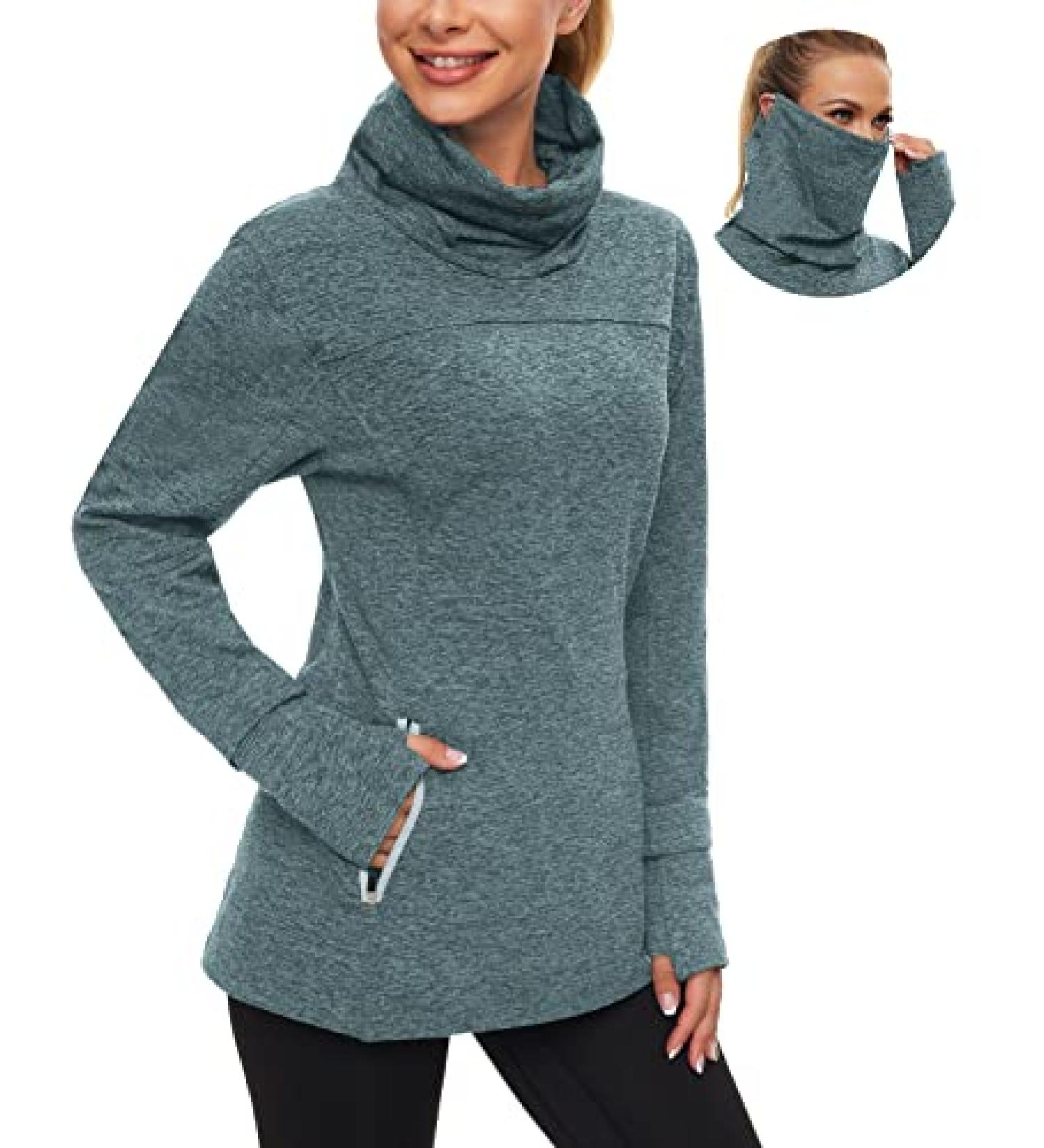 Soneven Women's Running Fleece Sweatshirt Cowl Neck Pullover with Thumb Holes and Neck Gaiter - Teal (Large) - Buy Online on GoSupps.com