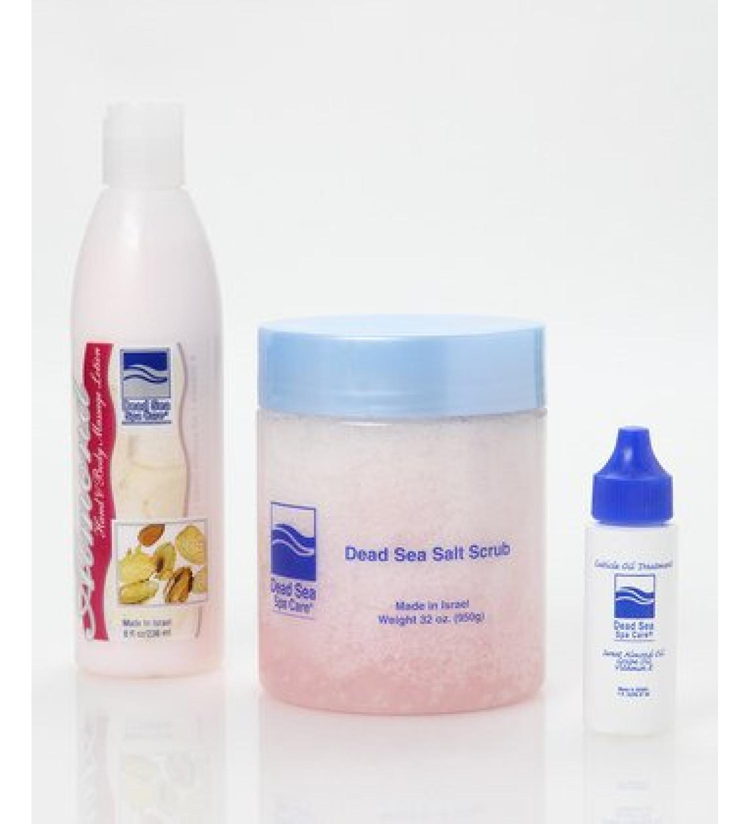 32 oz Dry Dead Sea Salt Scrub 8 oz Hand and Body Massage Lotion 1 oz Cuticle Oil Treatment Salt Scrub Gift Set by Dead Sea Spa Care (32 oz Ocean Therapy Salt Scrub and 8 oz Ocean Therapy Lotion)